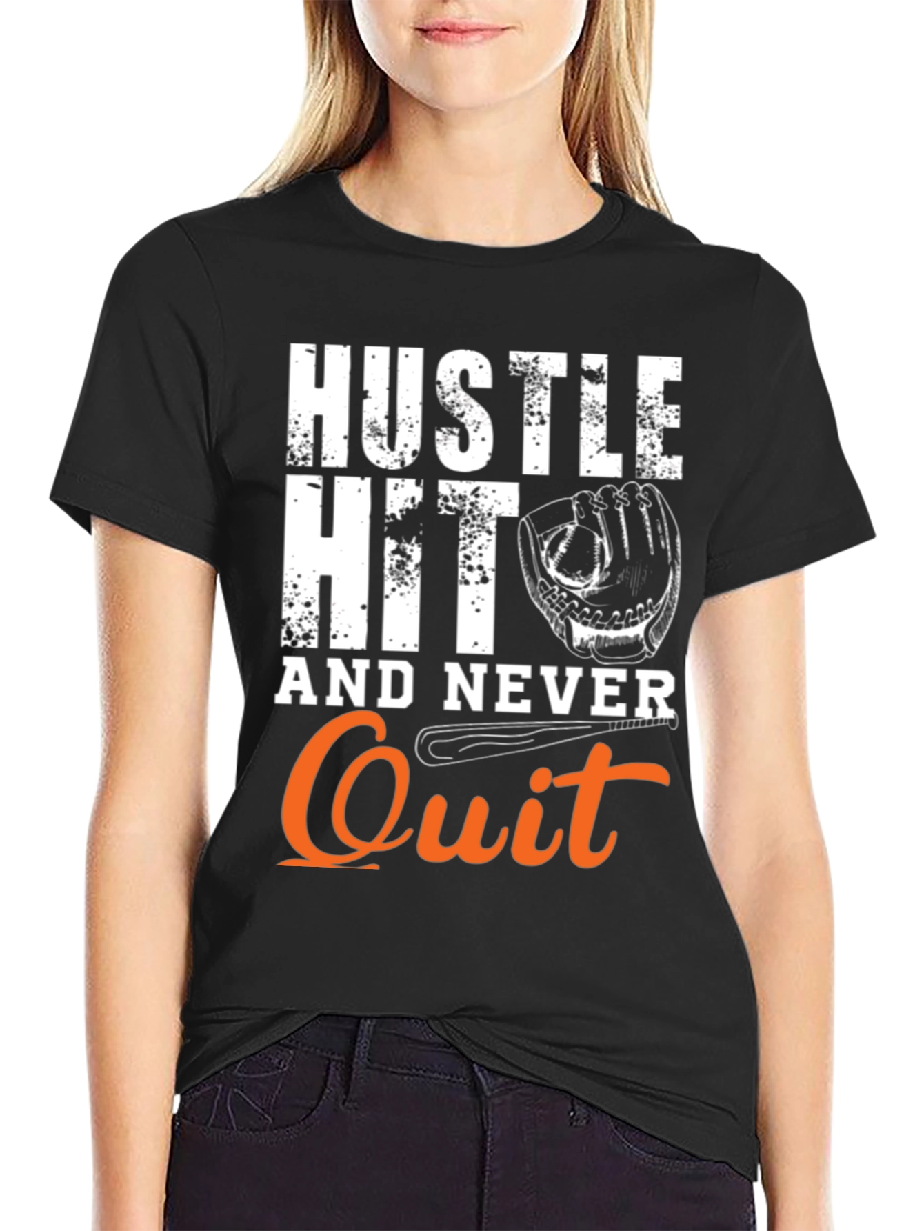 Black Hustle Hit Never Quit Baseball T-Shirt view 2