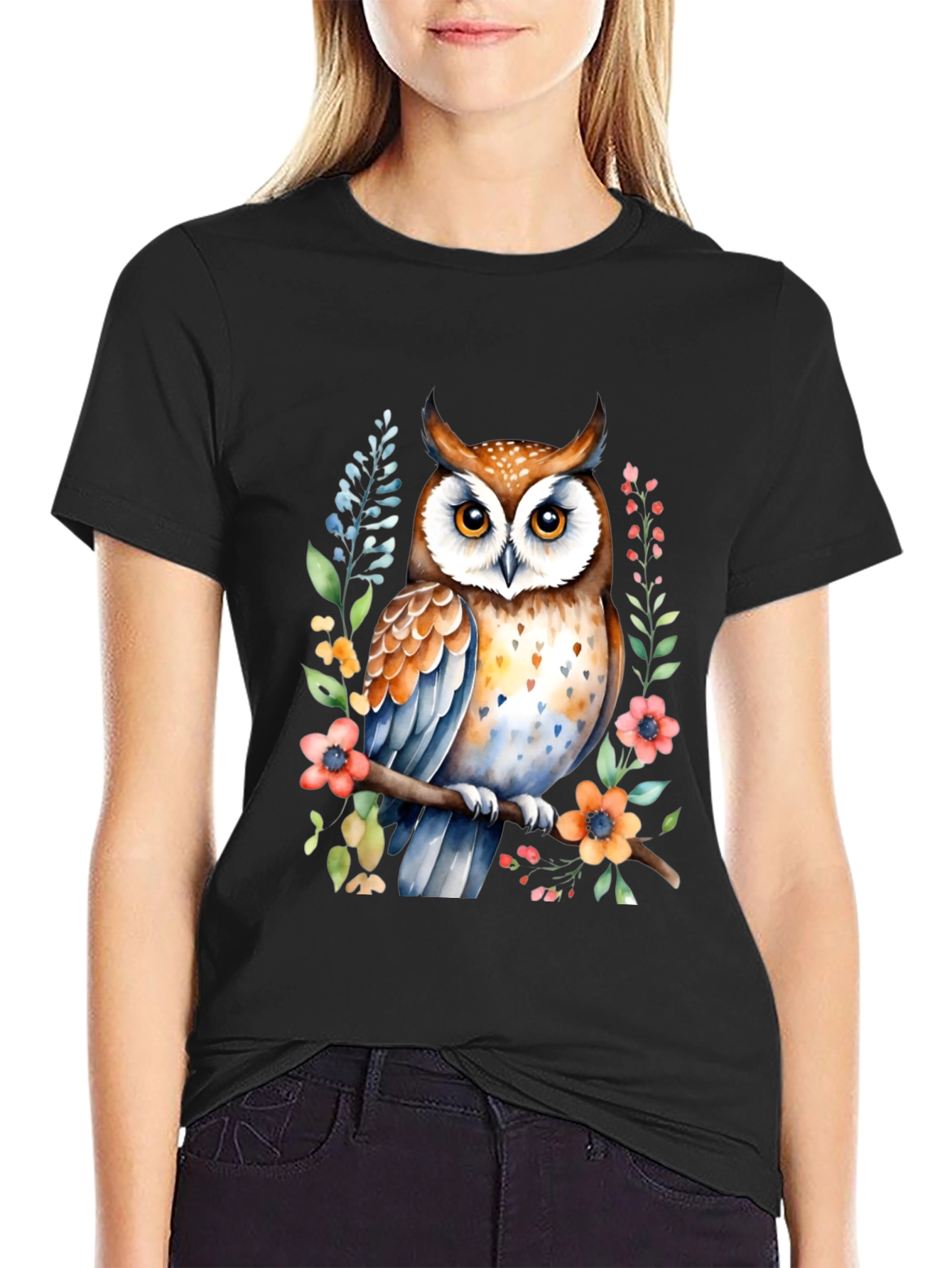 Black Owl Watercolor Graphic Tee - Unique Floral Design view 2