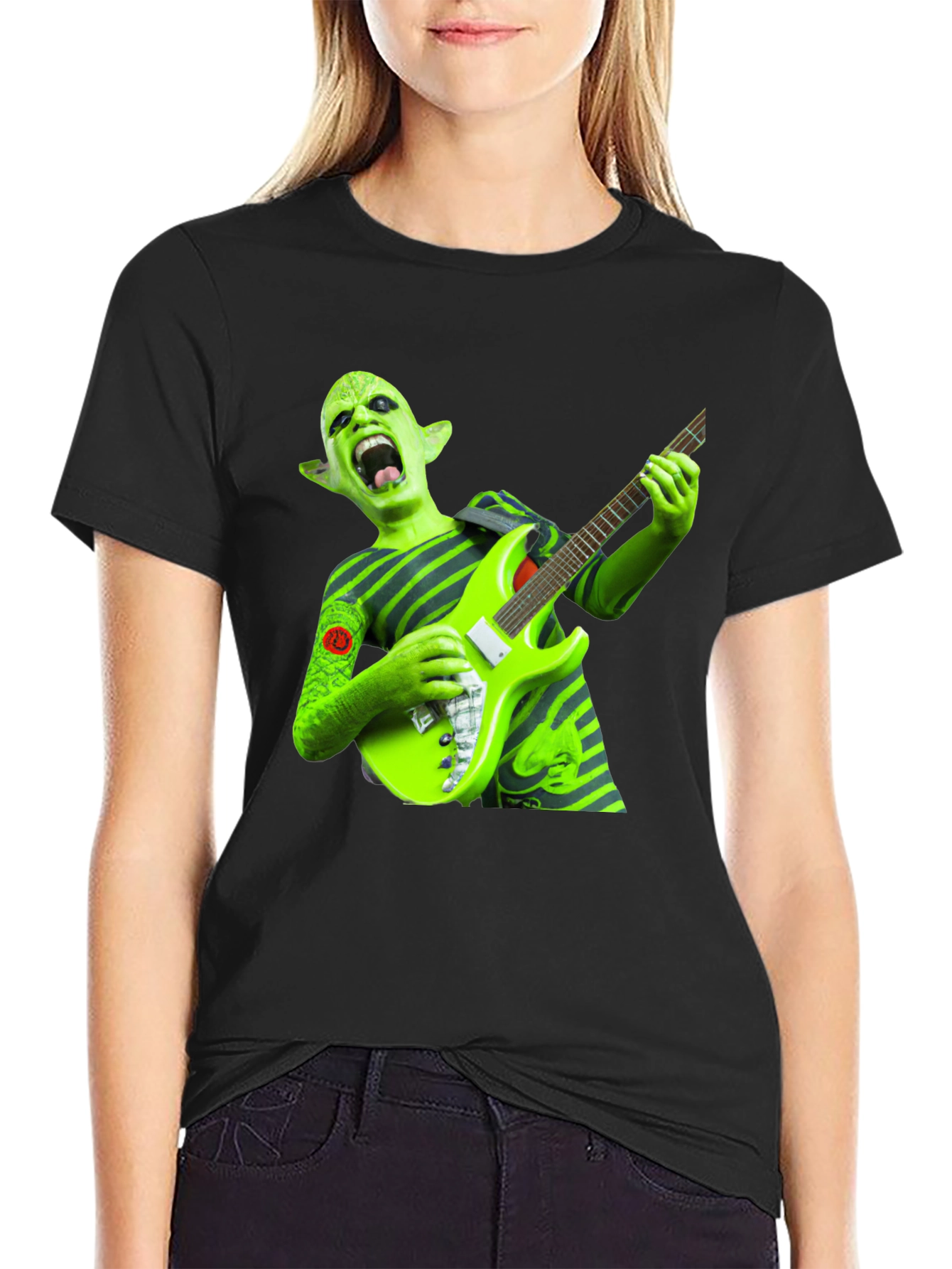 Black Green Alien Guitarist Graphic Tee view 2
