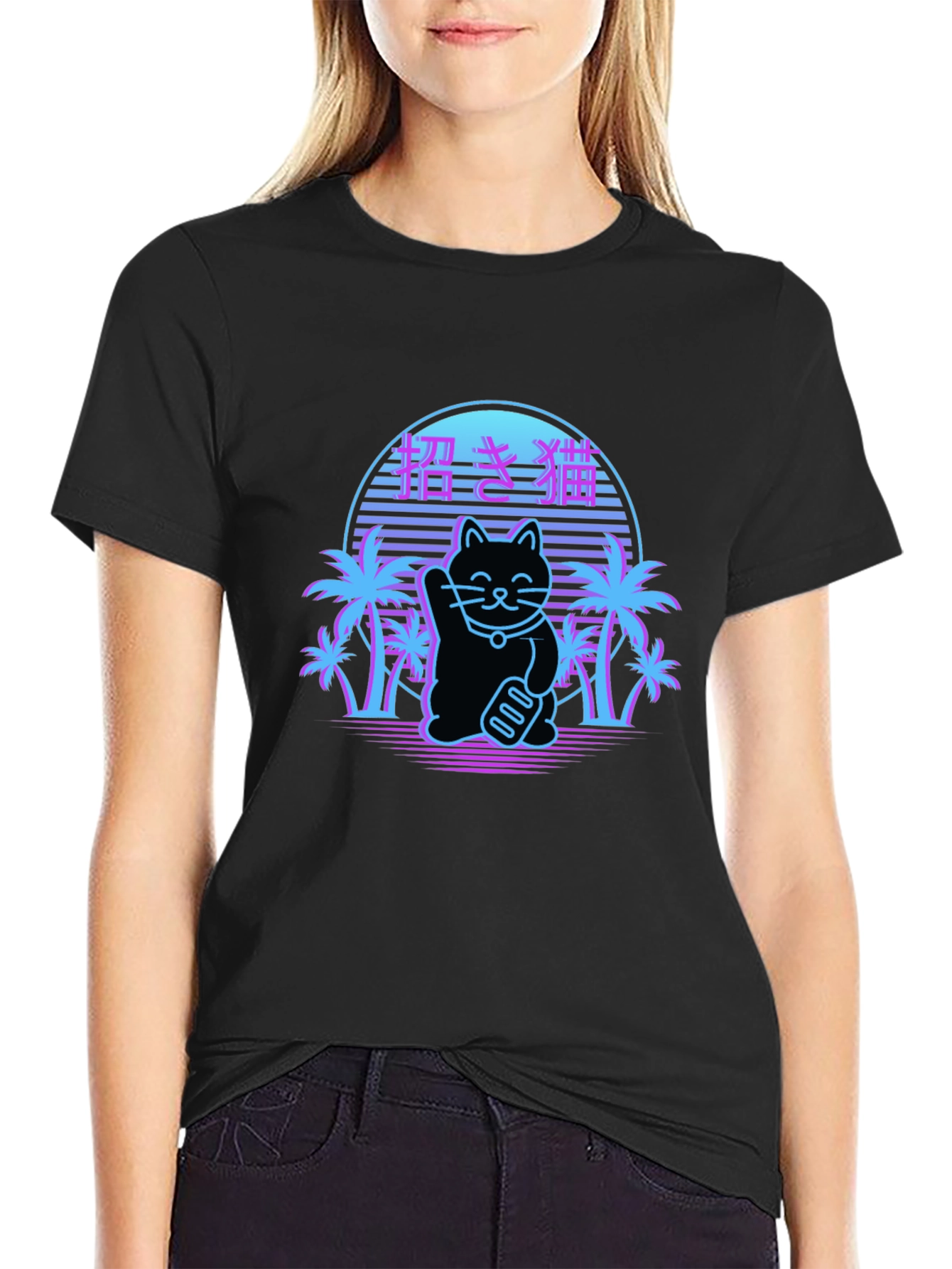 Black Lucky Cat Retro T-Shirt view 2
