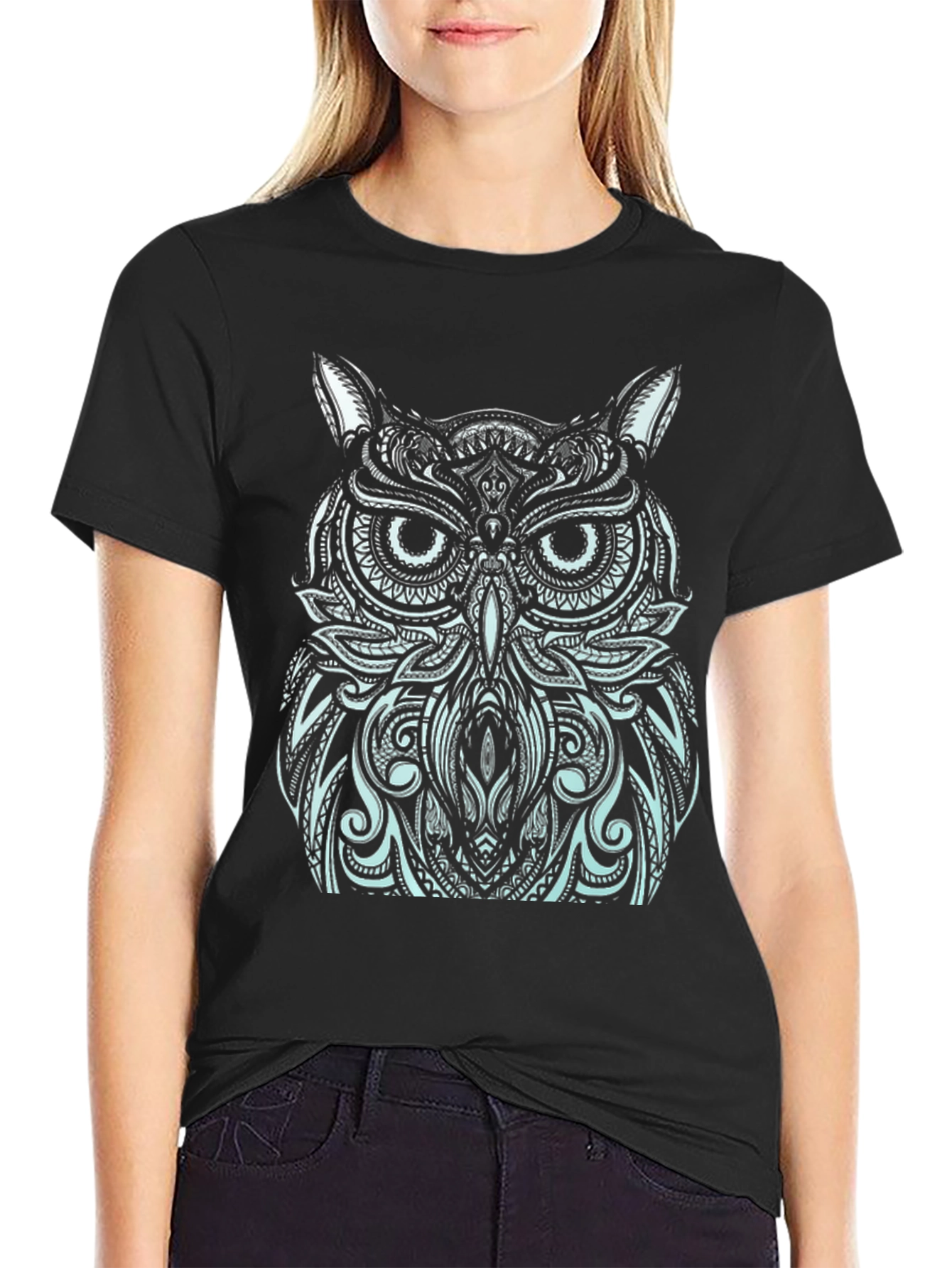 Black Owl Graphic Print Black T-Shirt view 2