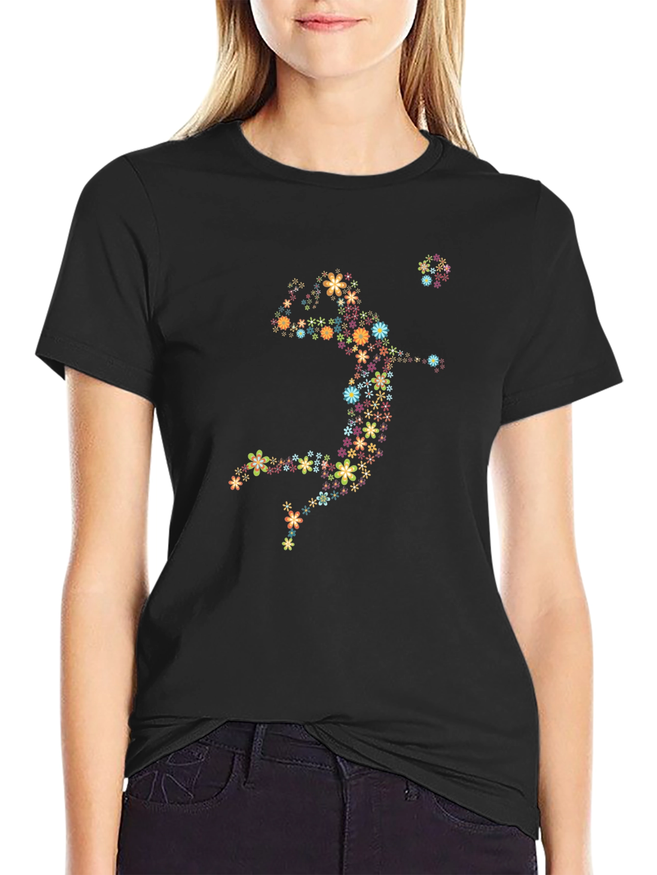 Black Floral Volleyball Player Graphic Tee - Black Cotton Shirt view 2