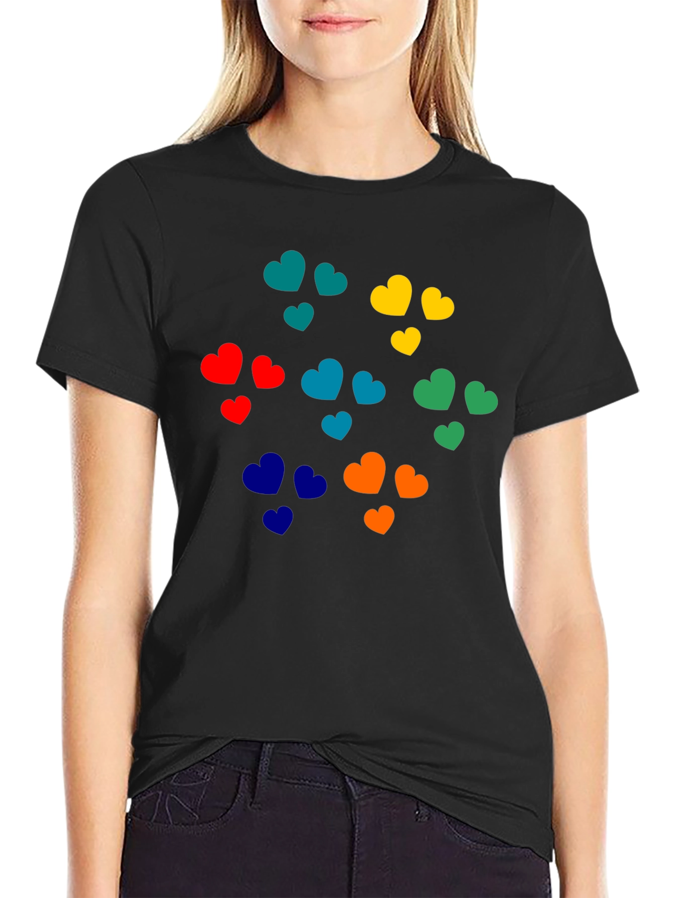 Black Colorful Hearts Graphic Black T-Shirt view 2