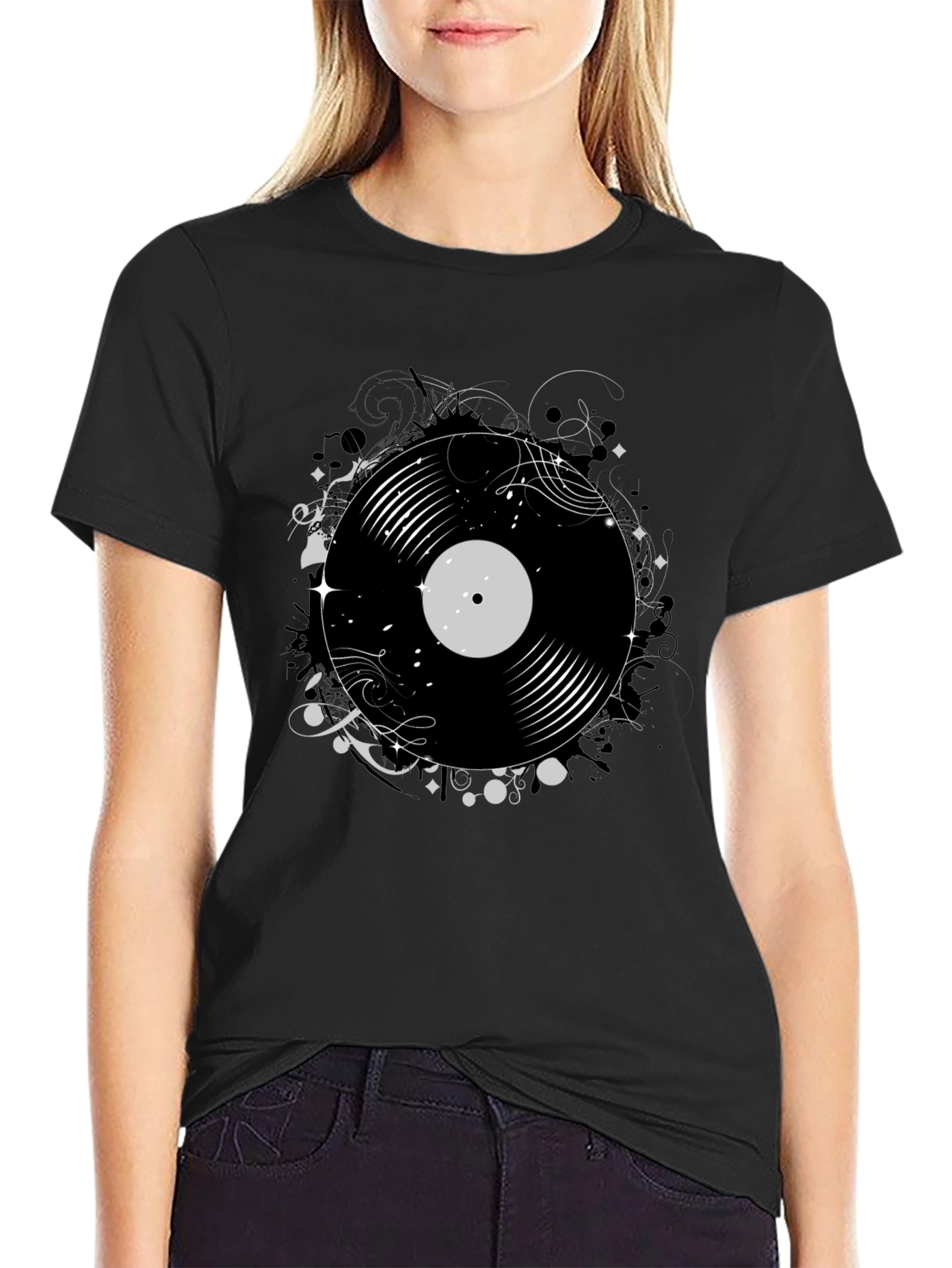 Black Vinyl Record Graphic Print Tee view 2