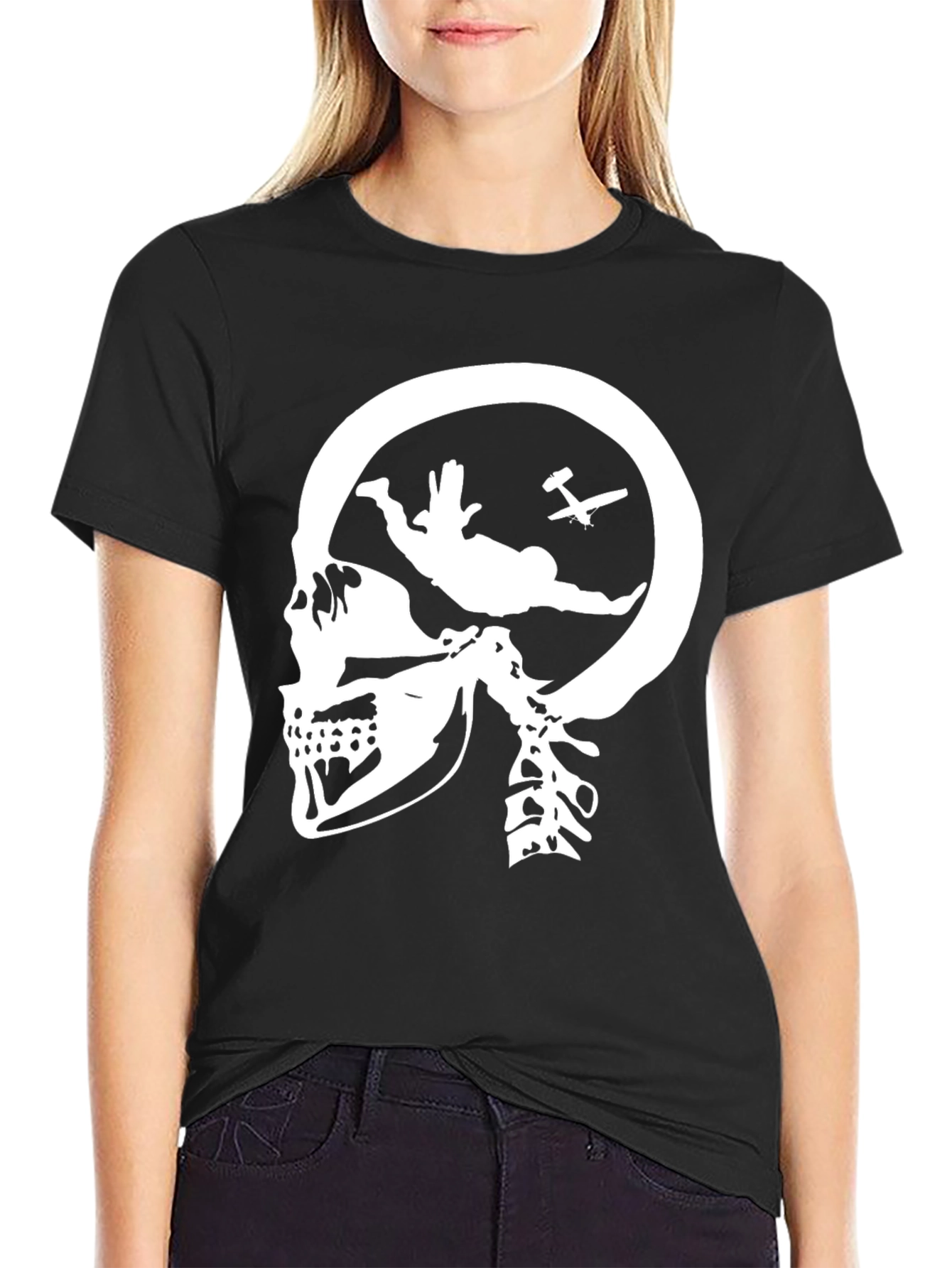 Black Skull Skydiving T-Shirt - Black Graphic Tee view 2