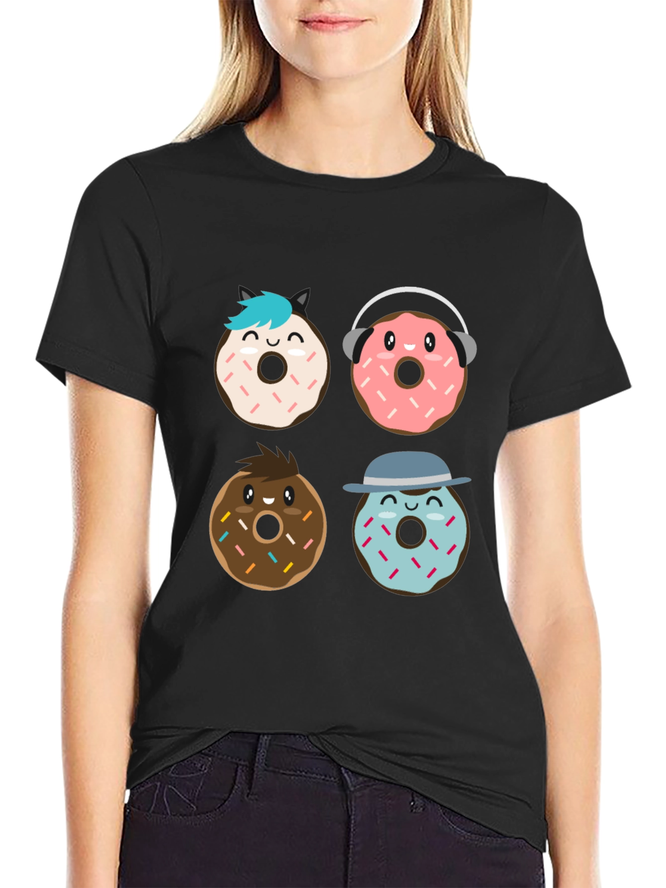 Black Donut Cartoon Graphic Black T-Shirt view 2