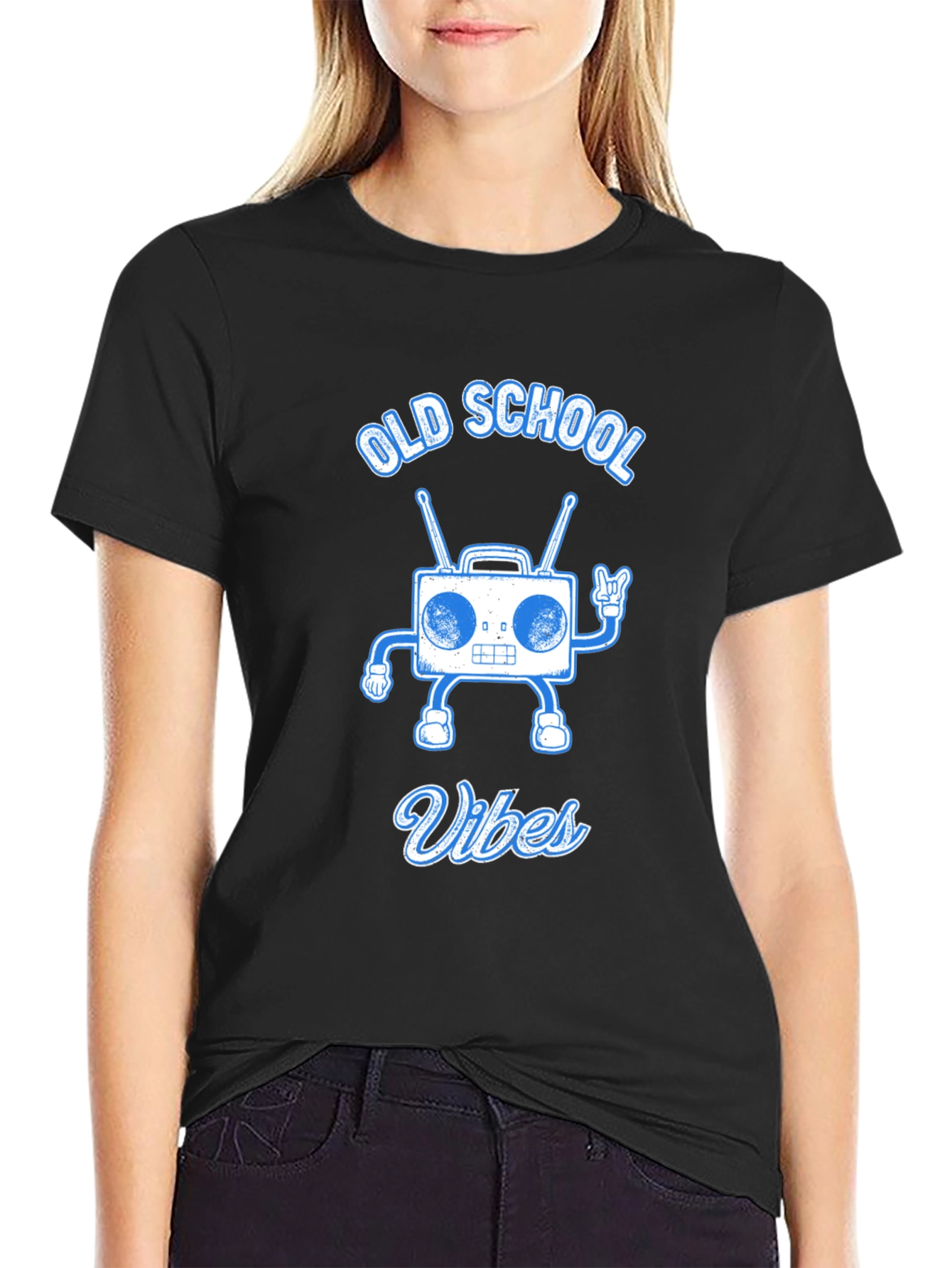 Black Old School Vibes Graphic Tee - Retro Radio Design view 2