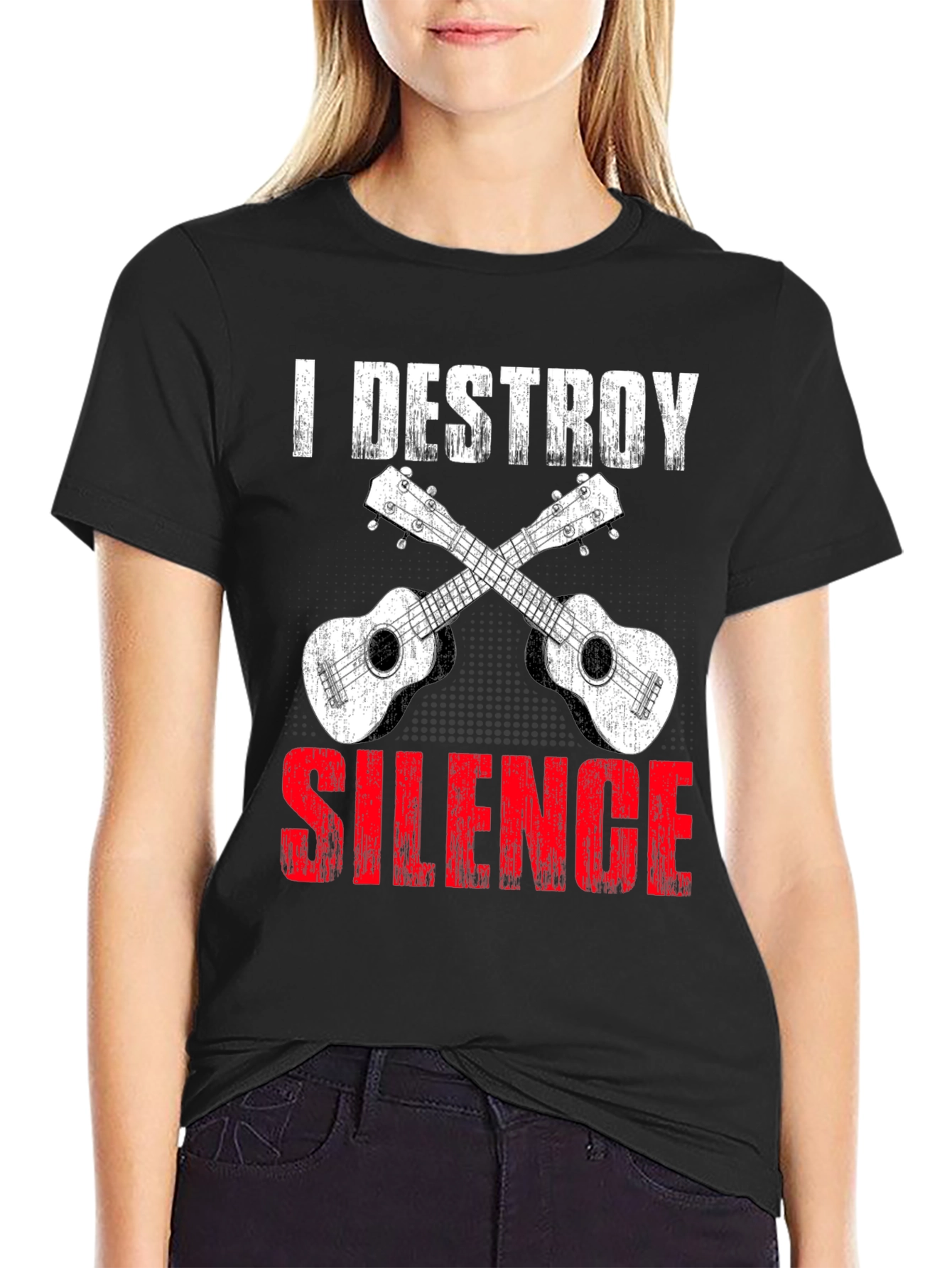 Black I Destroy Silence Ukulele T-Shirt view 2