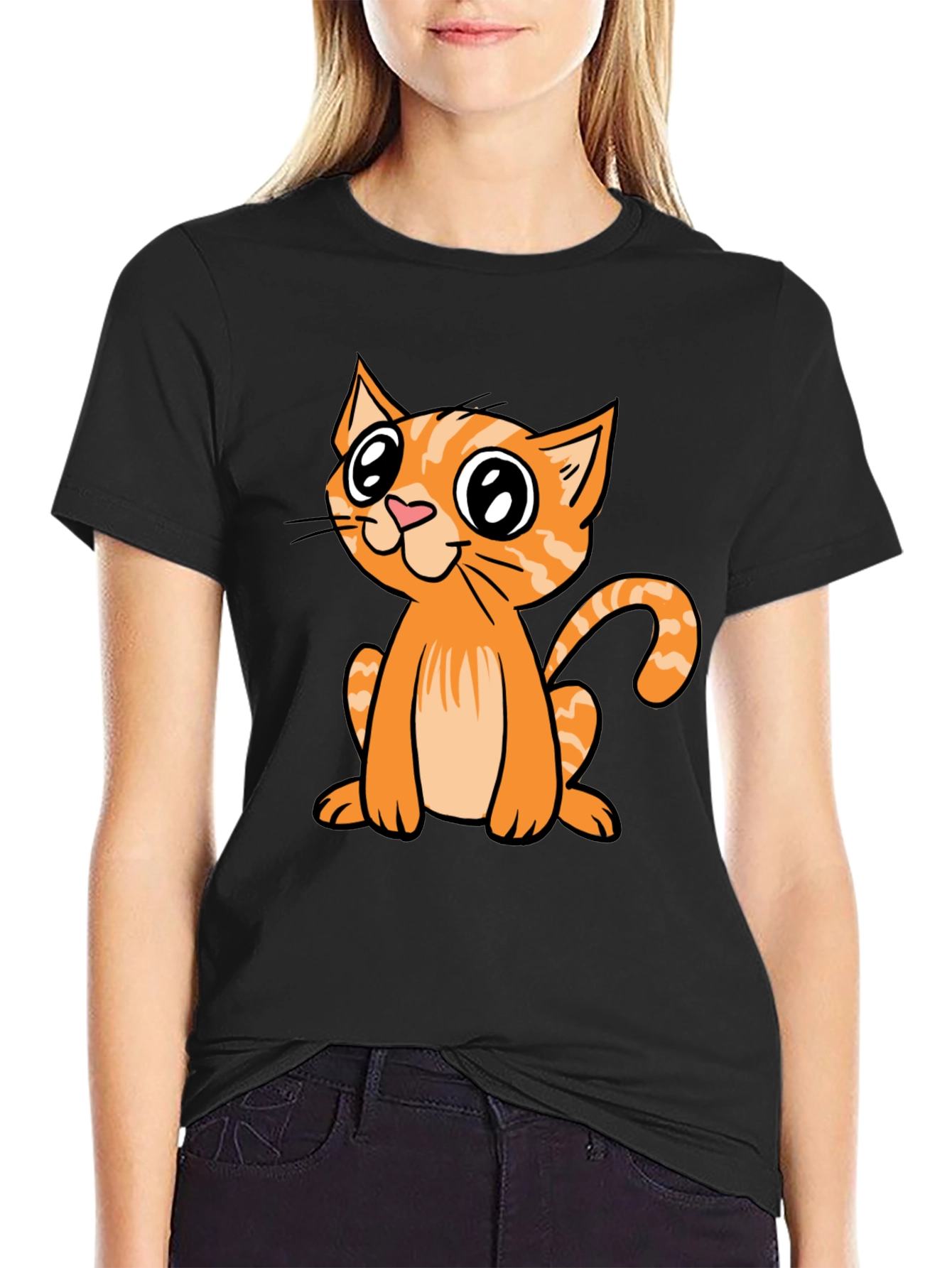 Black Cute Cartoon Cat Black T-Shirt view 2