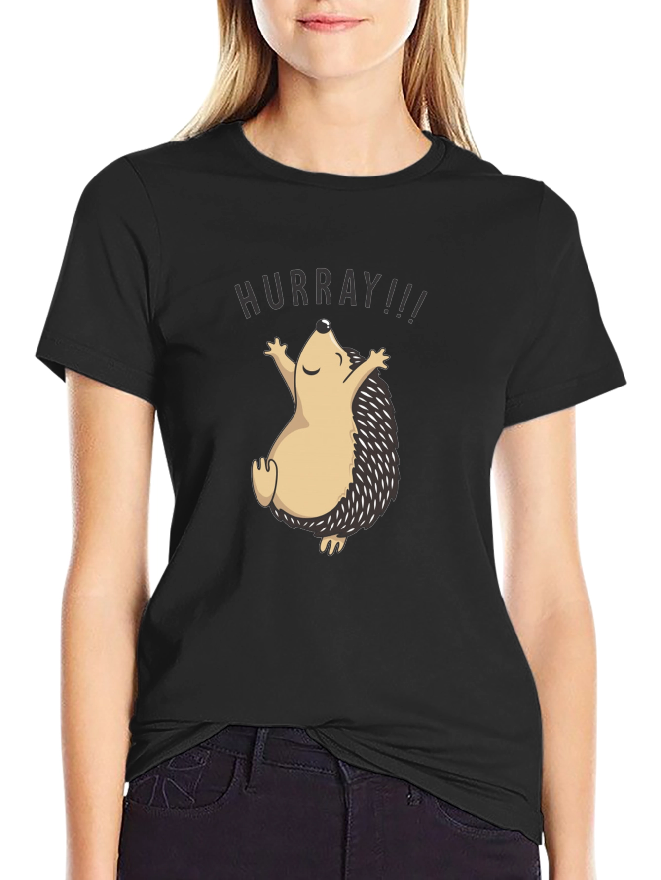 Black HURRAY Hedgehog T-Shirt - Unisex Black Tee view 2