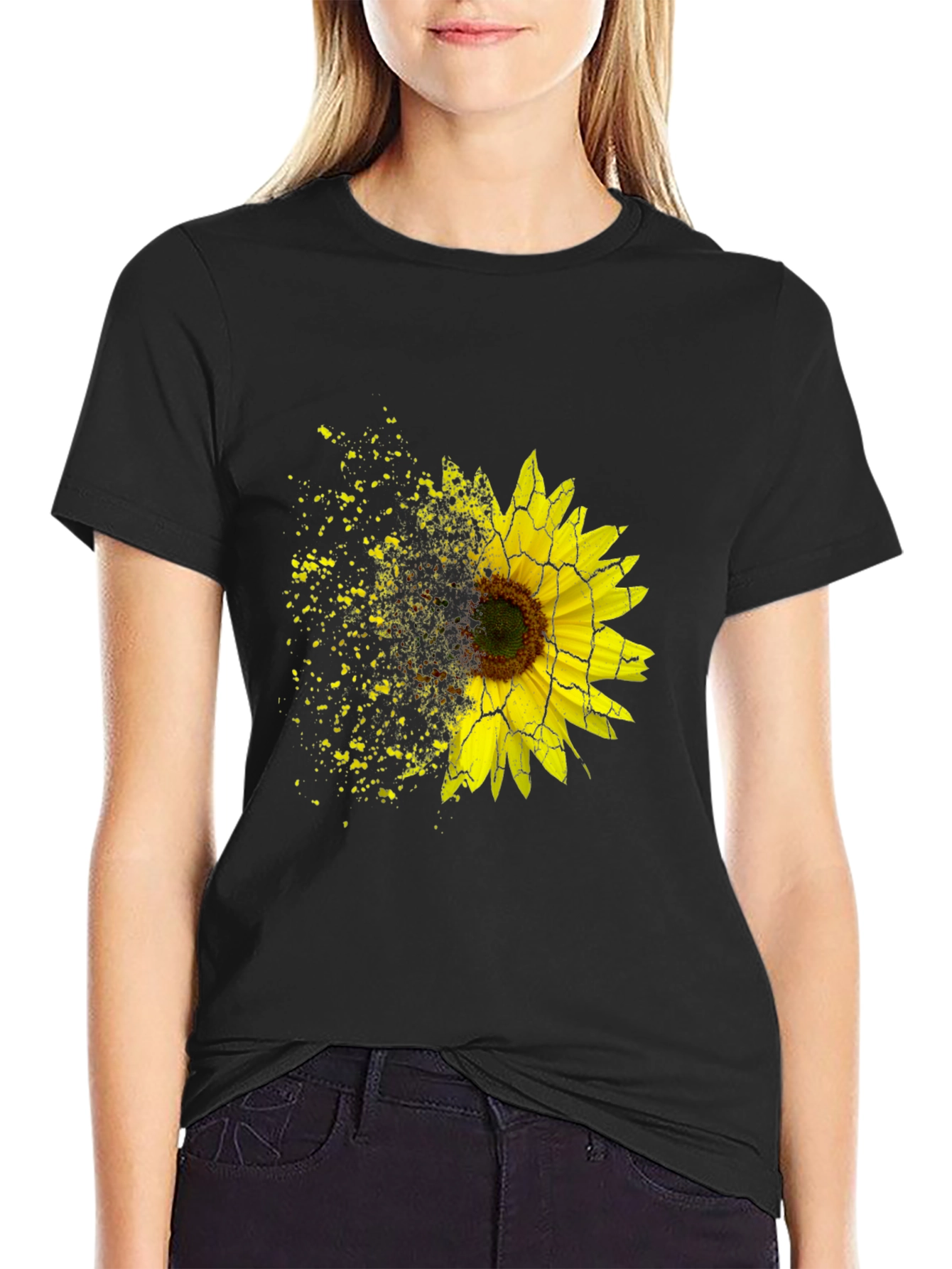 Black Sunflower Shatter Print Black T-Shirt view 2