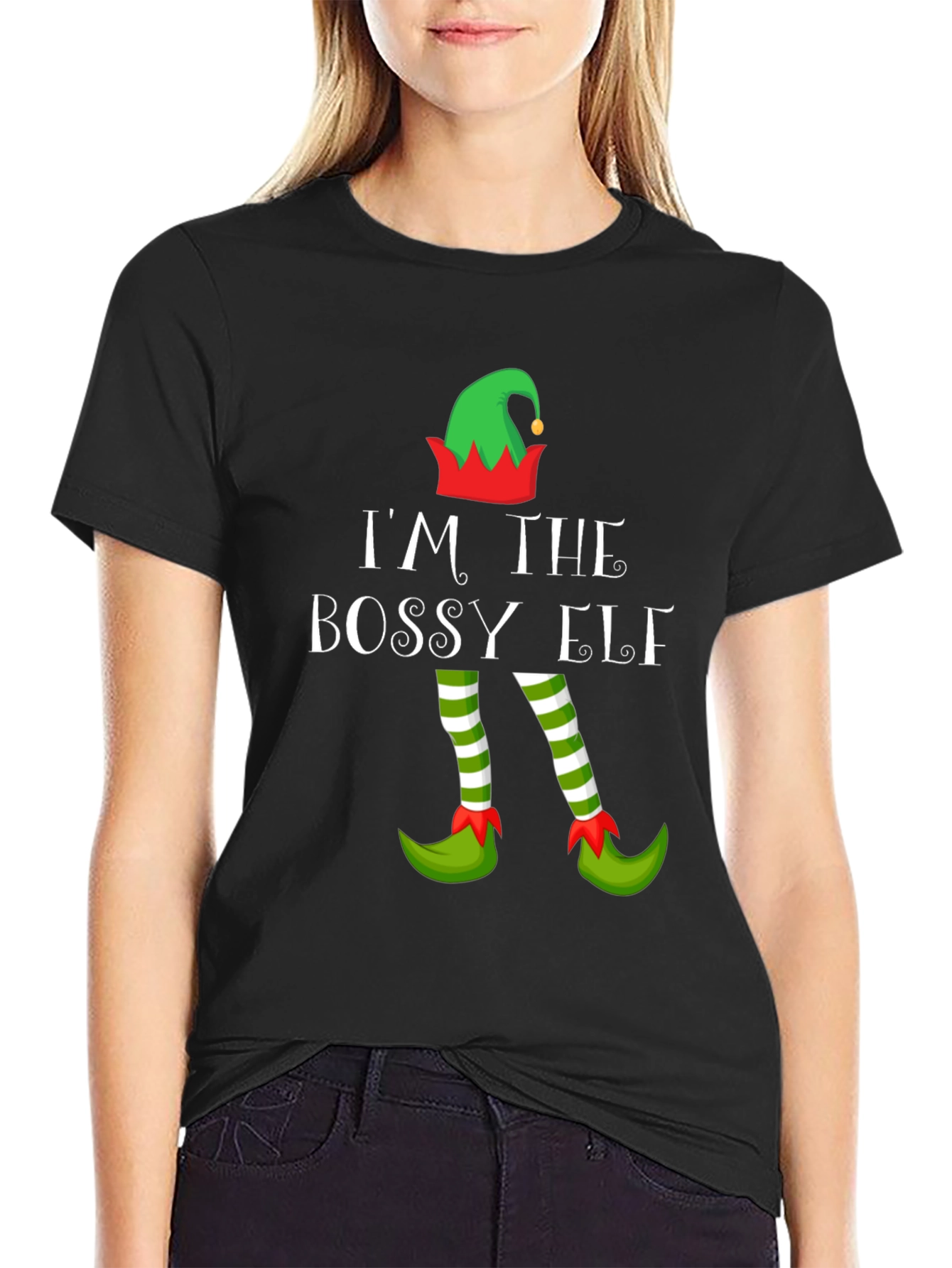 Black I'm the Bossy Elf Christmas T-Shirt view 2