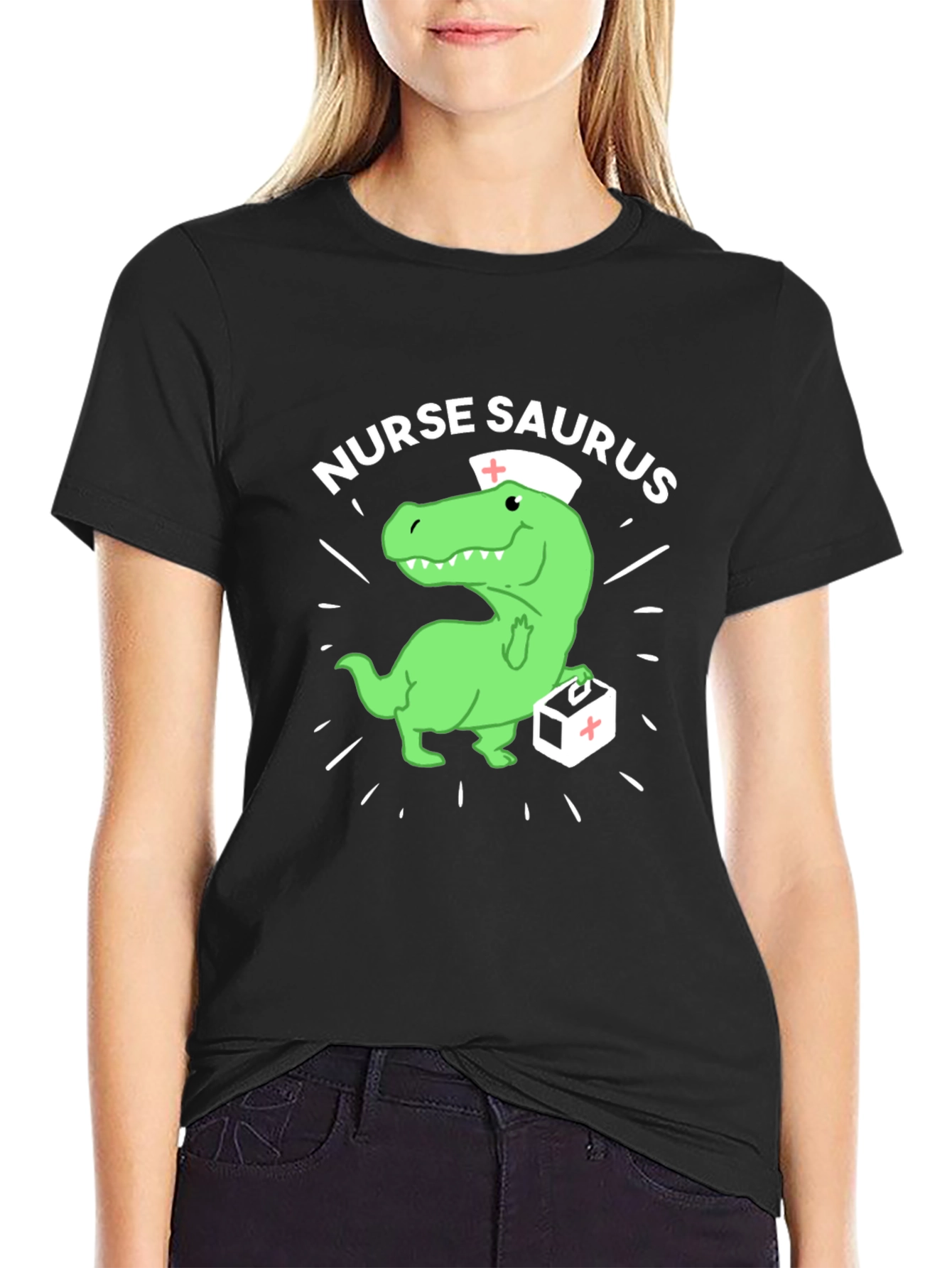 Black Nurse Saurus T-Shirt - Funny Dinosaur Nursing Tee view 2