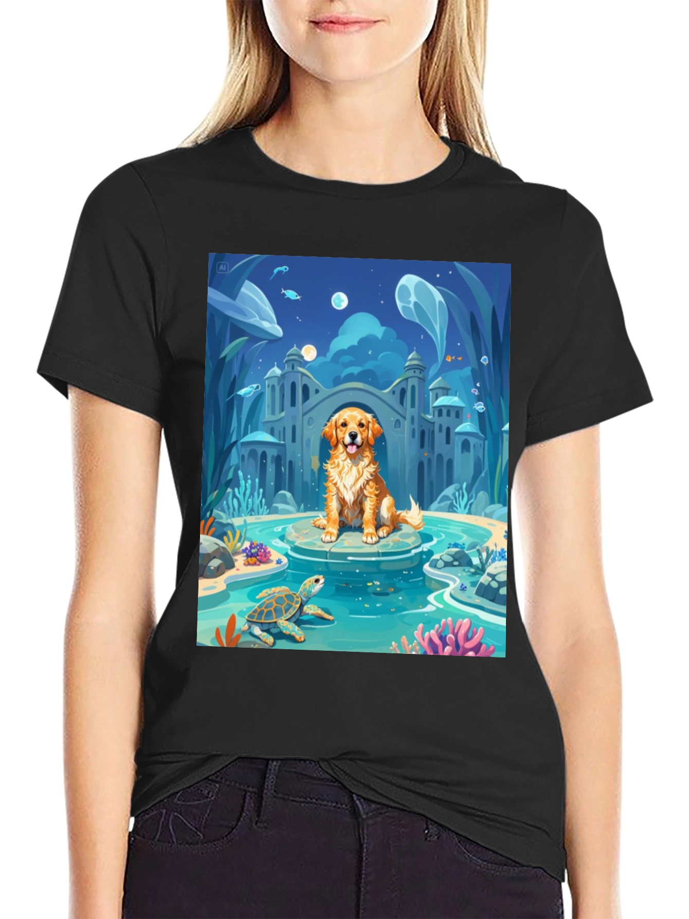 Black Underwater Dog Cartoon Graphic Tee view 2