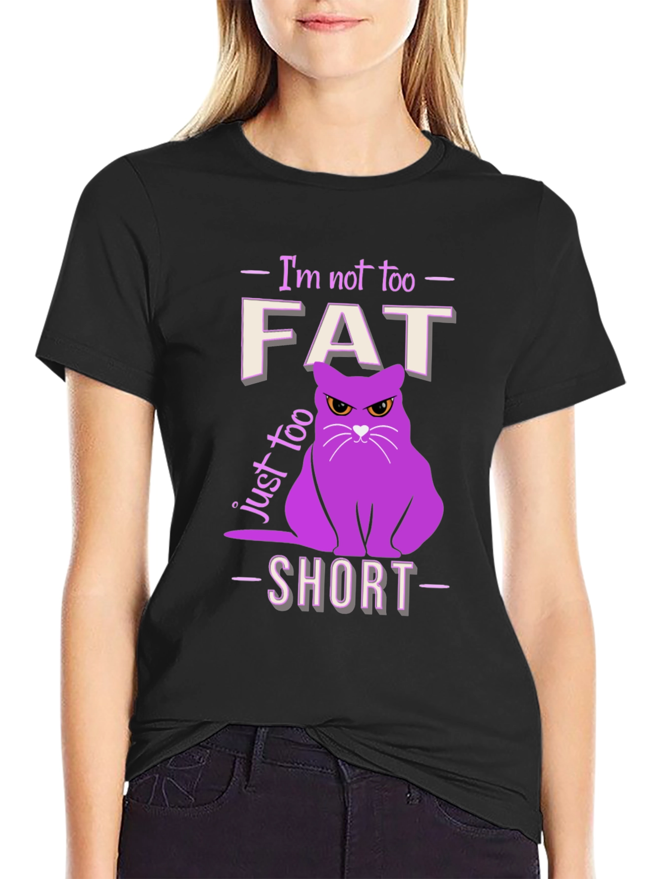 Black Funny Cat T-Shirt - Not Fat, Just Too Short! view 2