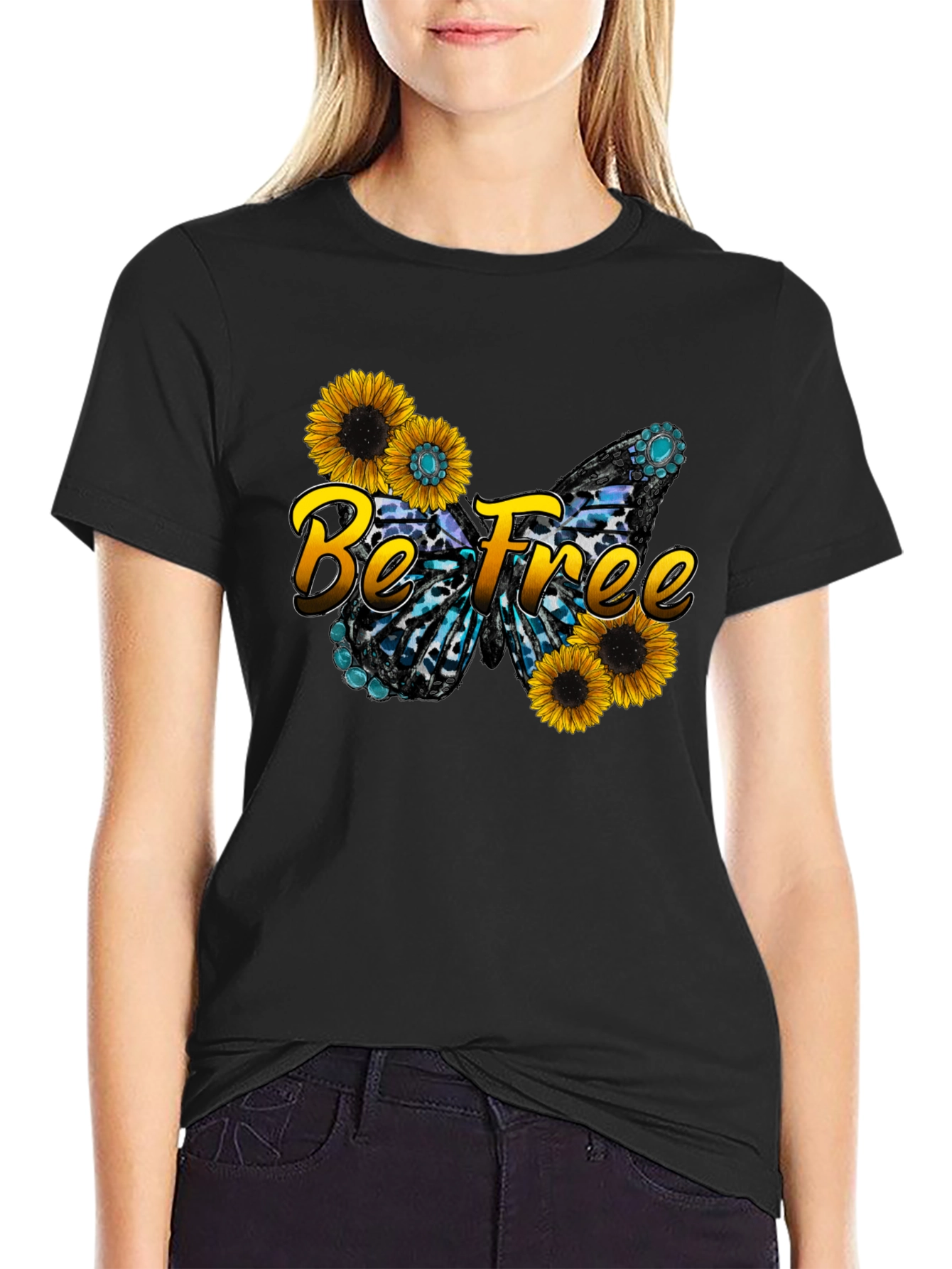 Black Be Free Sunflower Butterfly Graphic Black T-Shirt view 2