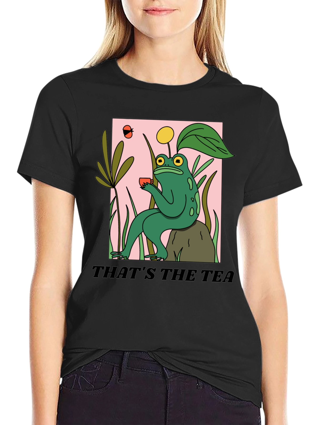 Black Frog Sipping Tea T-Shirt - "That's The Tea" Funny Graphic Tee view 2