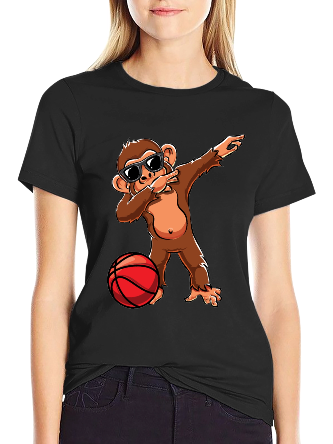 Black Monkey Dabbing with Basketball Graphic Tee view 2