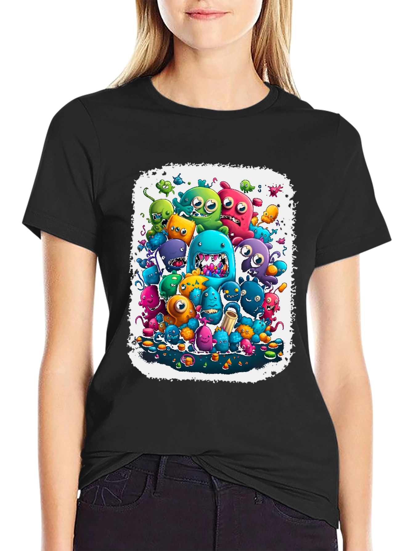 Black Monster Mash Tee: Colorful Cartoon Graphic Print view 2