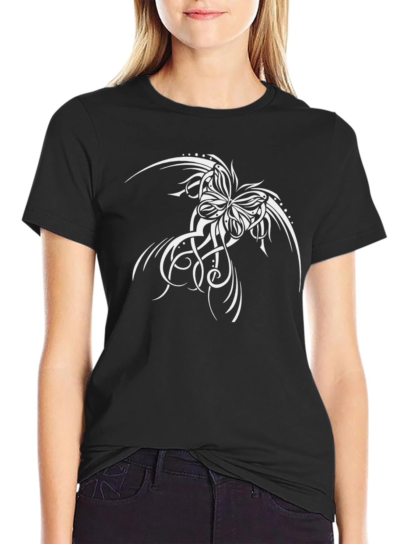 Black T-Shirt with Butterfly Tattoo Design - 2