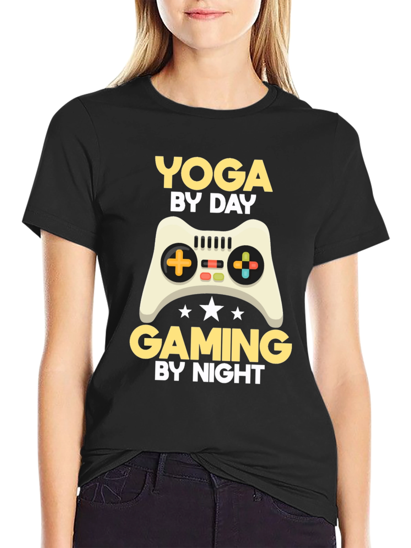 Black Yoga By Day, Gaming By Night T-Shirt view 2