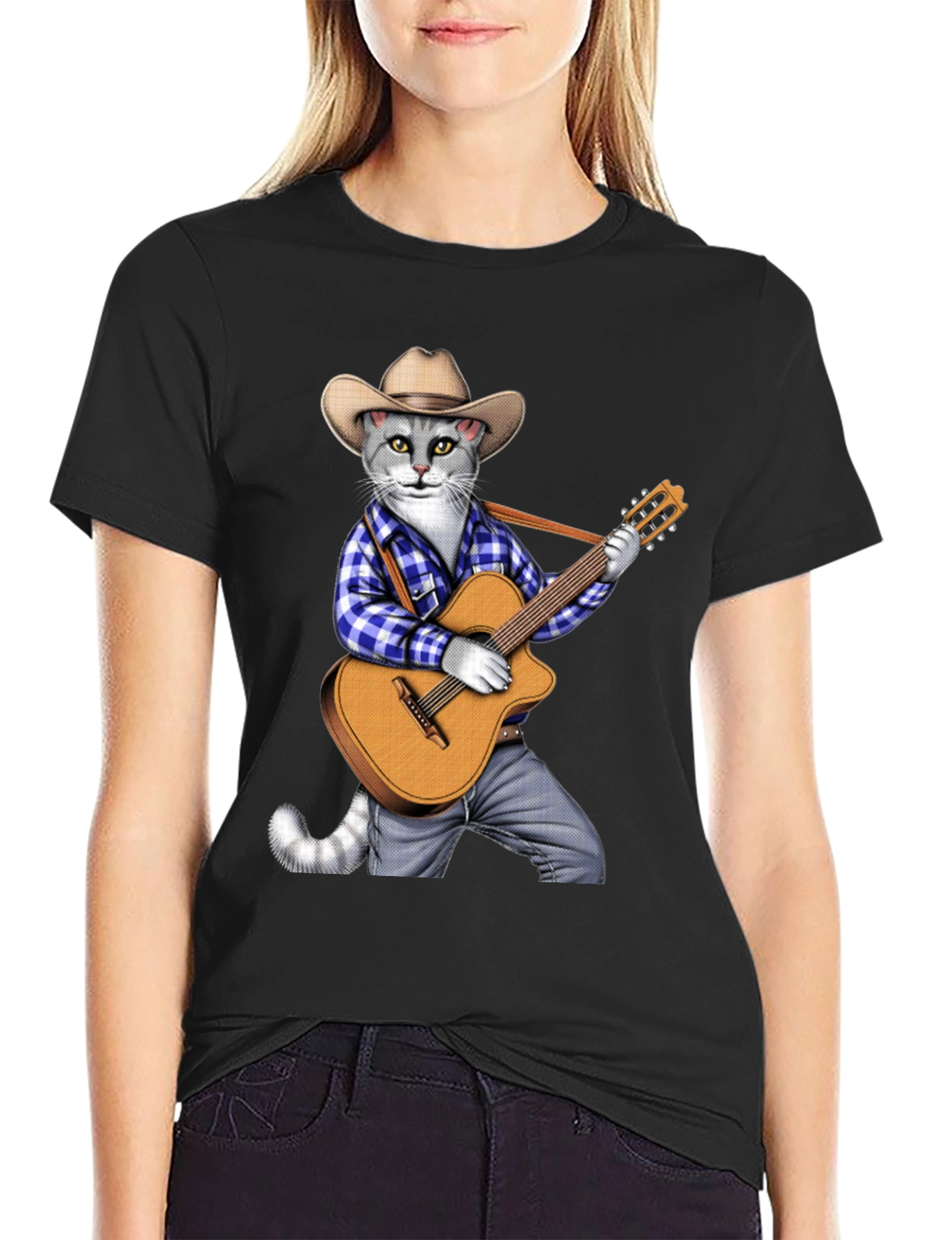 Black Cool Cat Guitarist Graphic Tee view 2