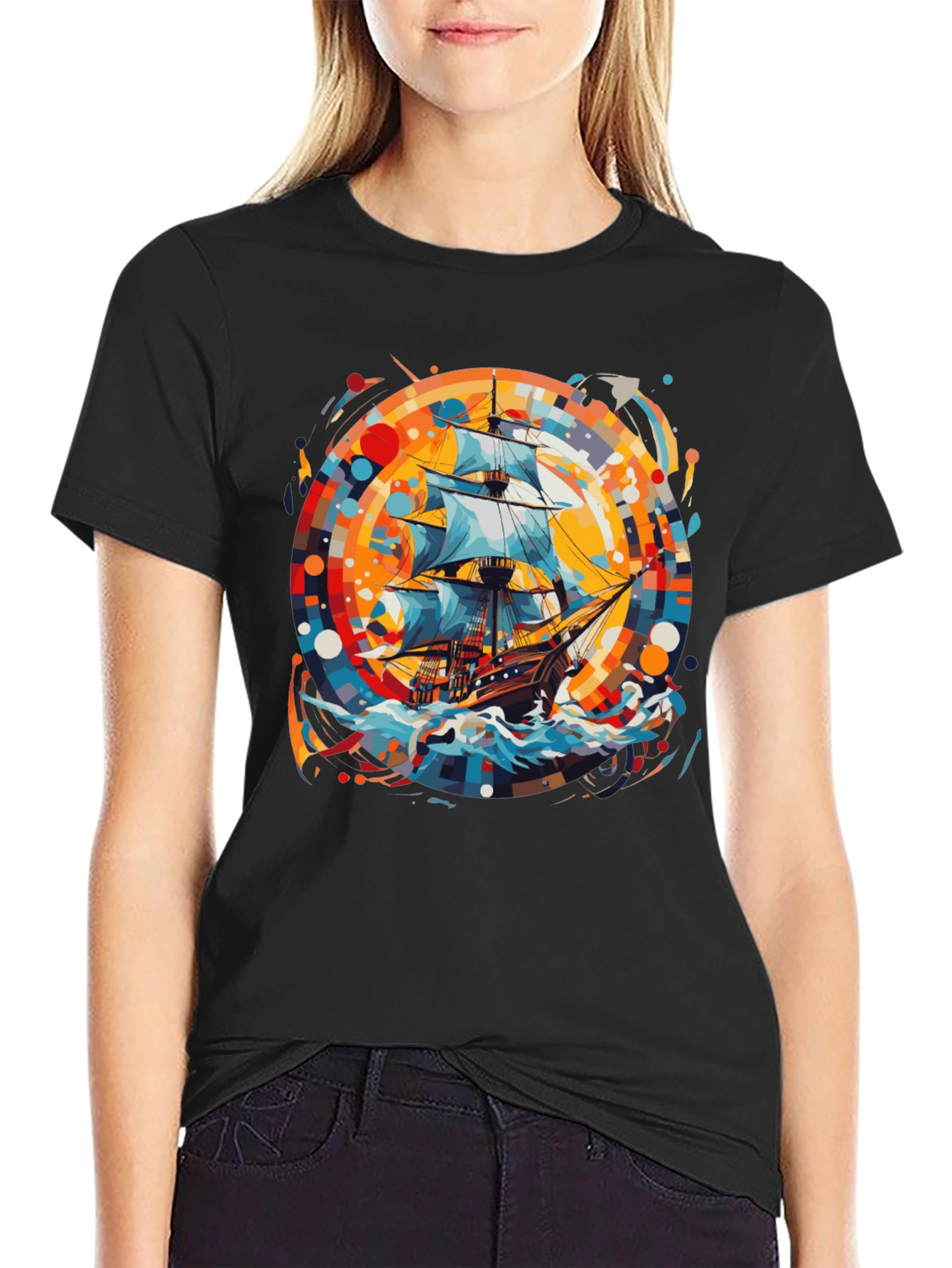 Black Nautical Adventure Tee: Ship Graphic Black Cotton Shirt view 2