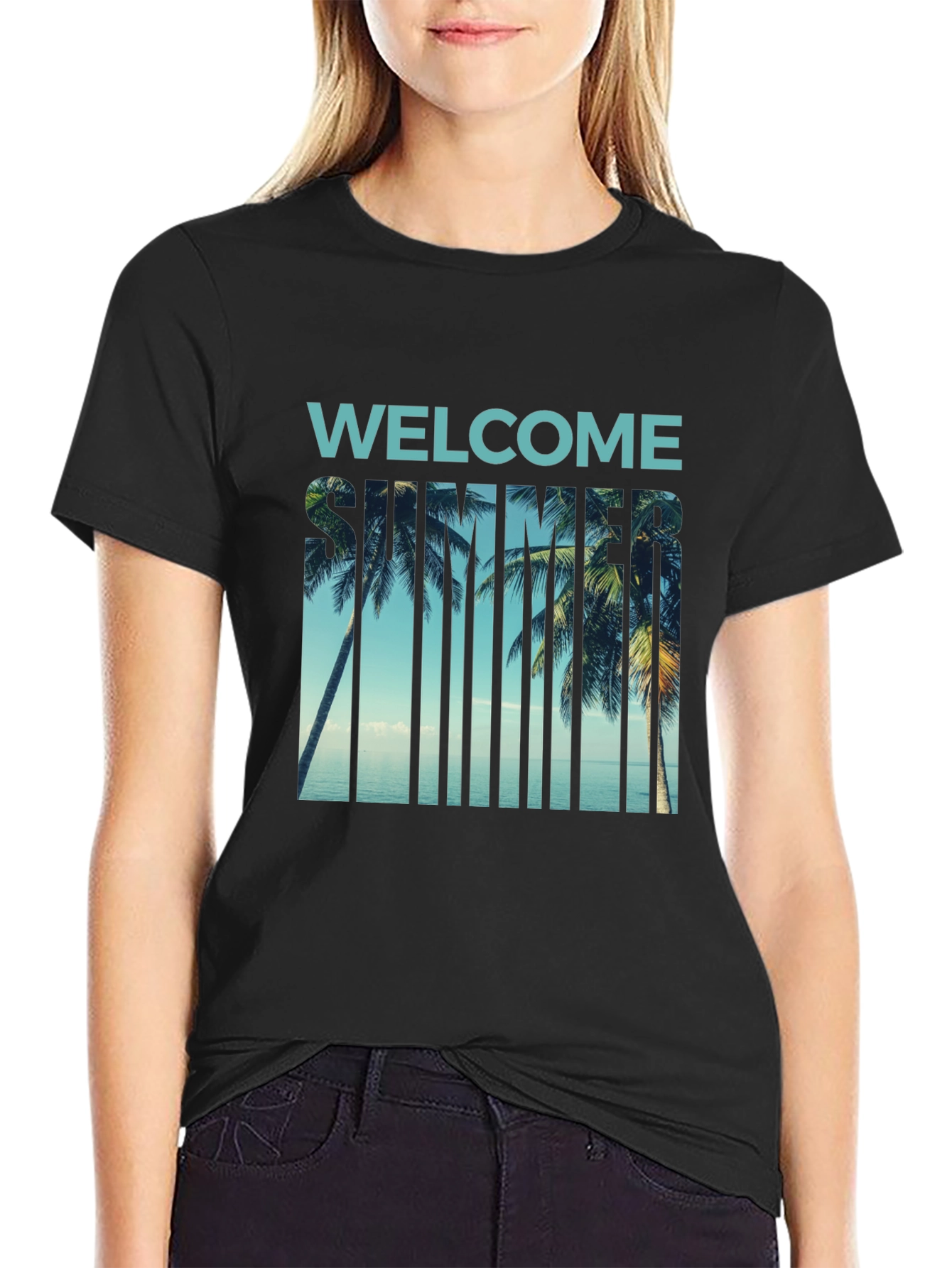 Black Welcome Summer Palm Tree Graphic T-Shirt view 2