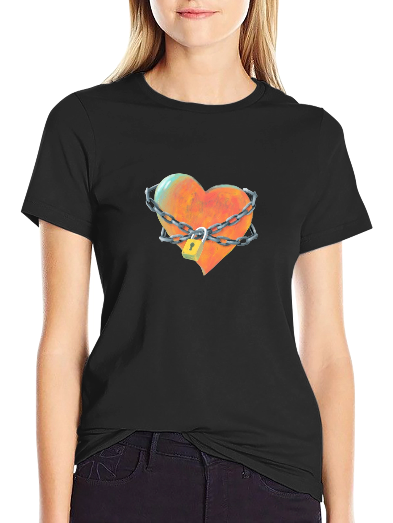 Black Locked Heart Graphic Tee - Stylish Cotton T-Shirt view 2