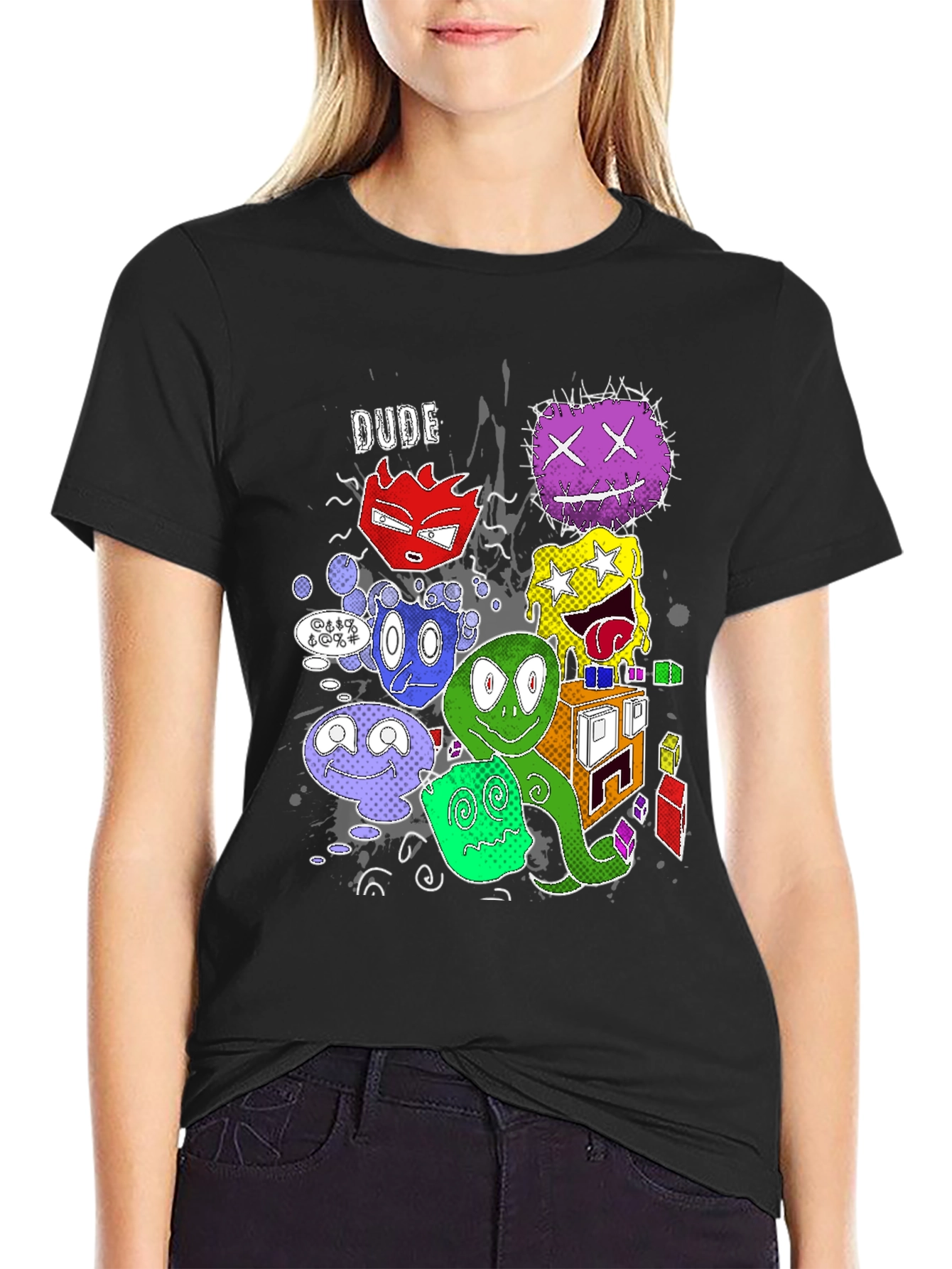 Black Cartoon Monster Graphic Black T-Shirt view 2