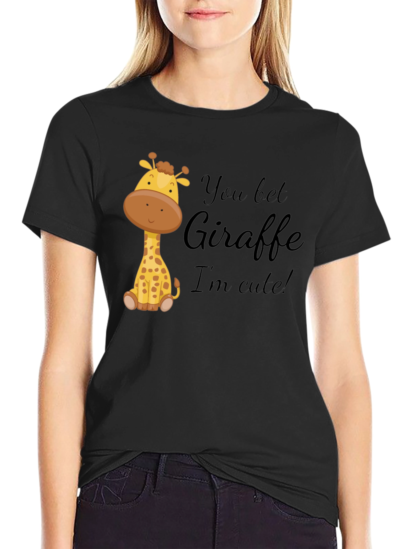 Black You Bet Giraffe I'm Cute! Black Cotton Tee view 2