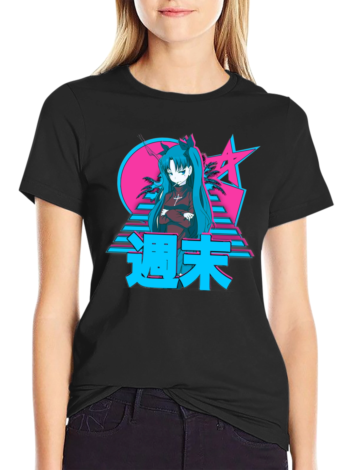 Black Retro Anime Graphic T-Shirt view 2