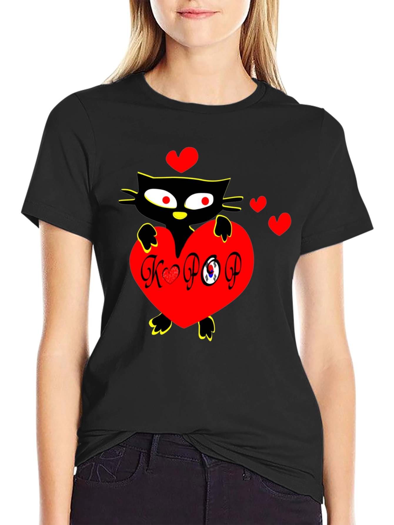 Black K-POP Cat Heart Graphic Tee view 2
