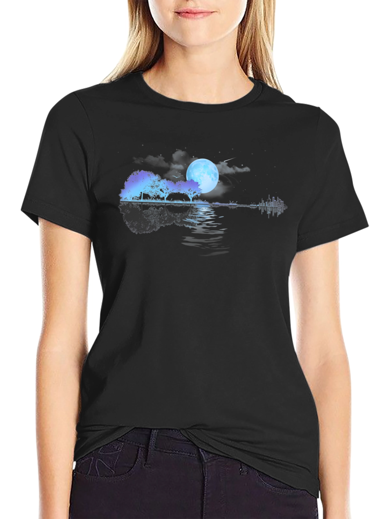 Black Moonlit Guitar Lake Black T-Shirt view 2