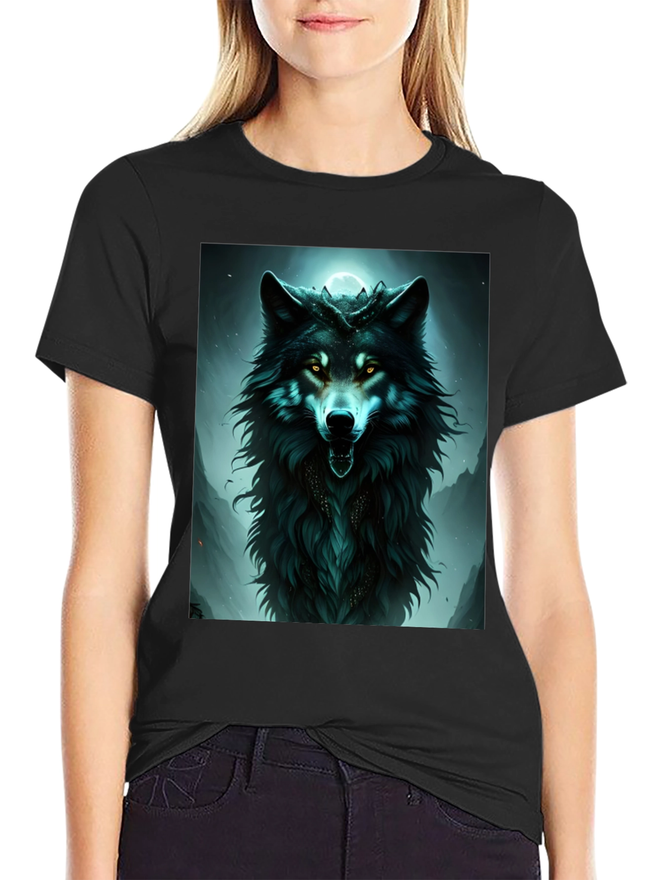 Black Mystic Wolf Graphic Tee - Black Cotton Comfort view 2