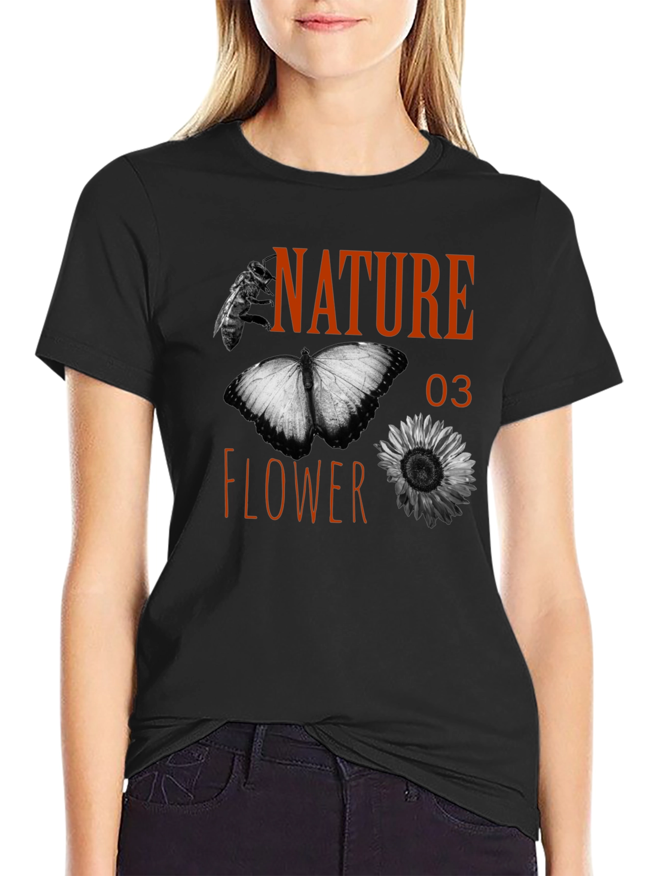 Black Nature Flower Graphic Tee - Black Cotton Blend view 2