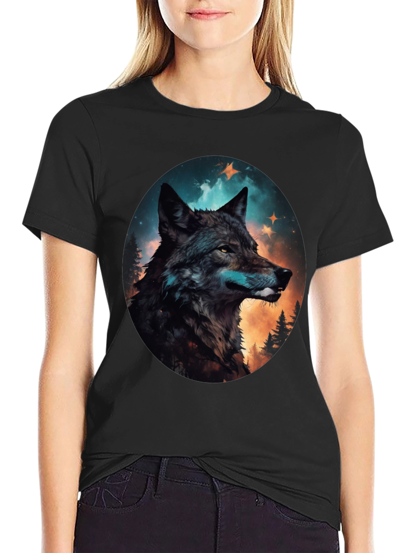 Black Wolf Graphic Print Crew Neck T-Shirt view 2