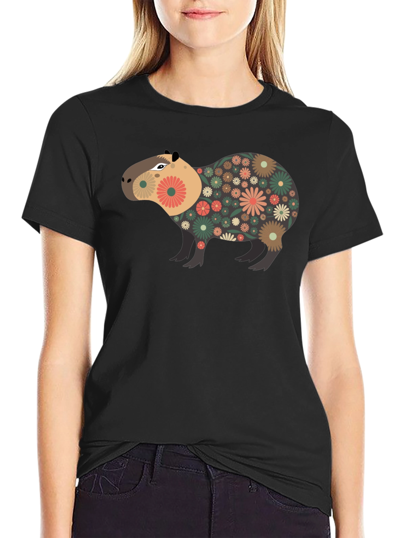 Black Floral Capybara Graphic Tee - Unique Design view 2