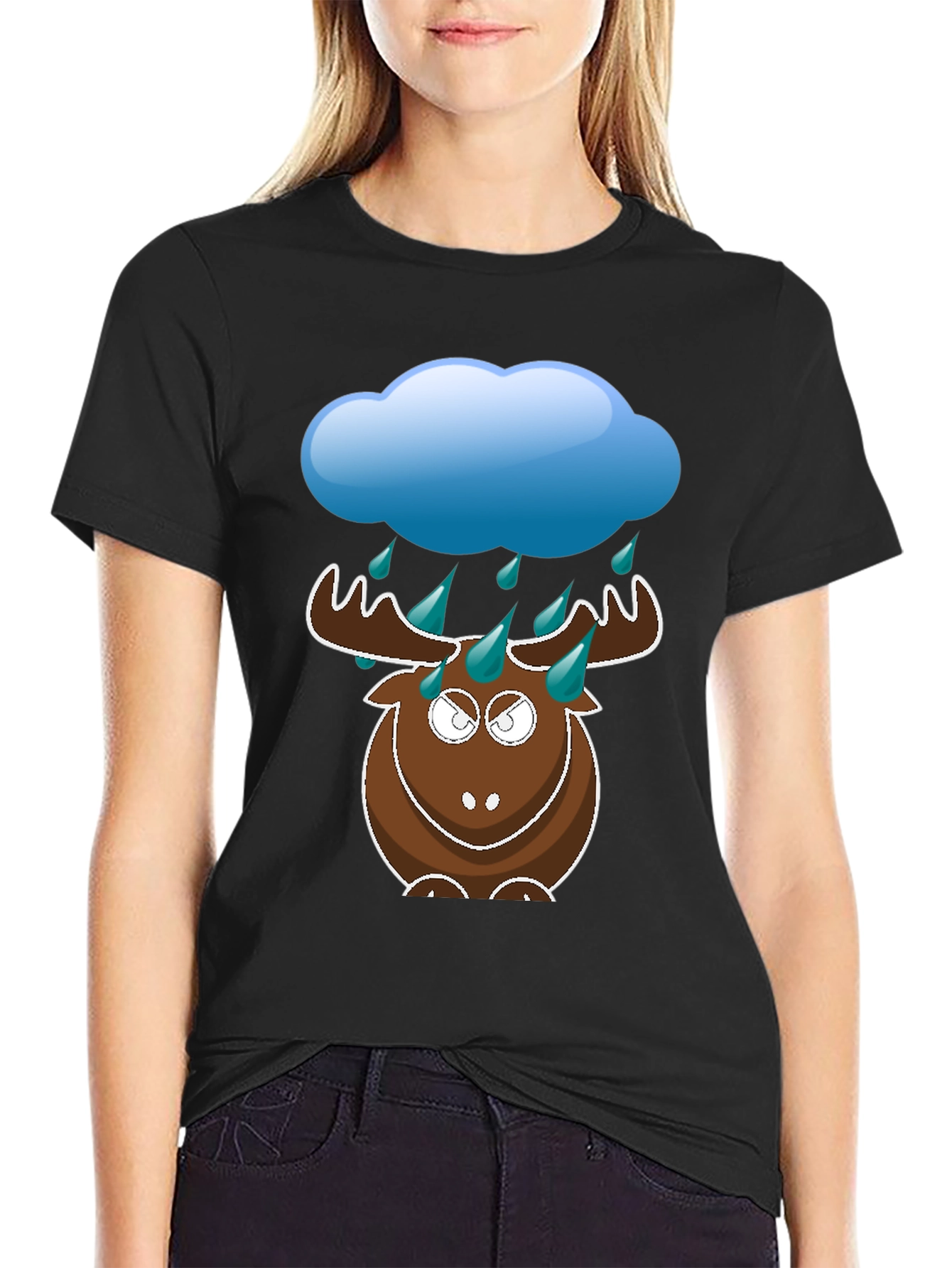 Black Humorous Rainy Moose Black T-Shirt view 2
