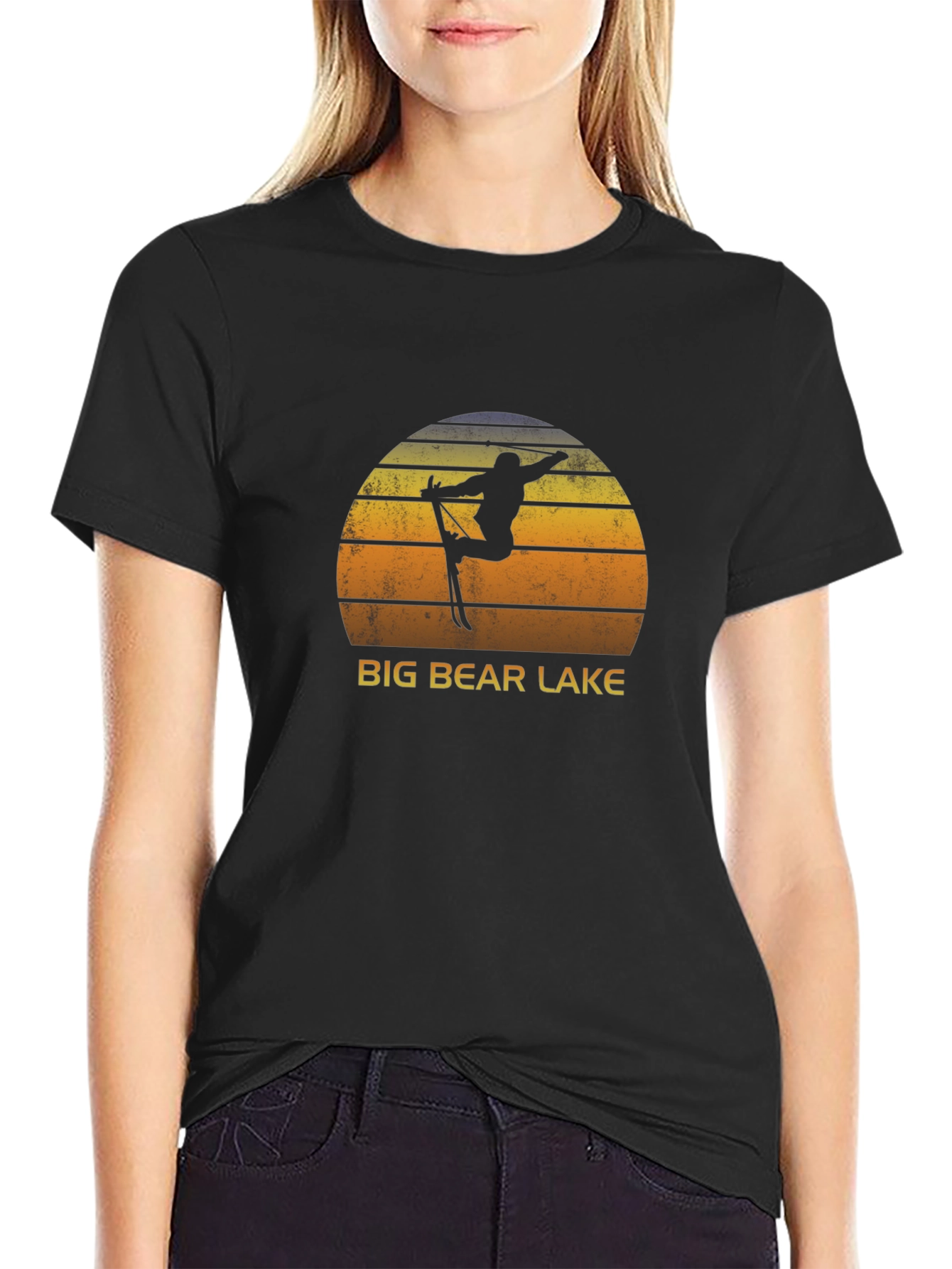 Black Big Bear Lake Sunset Ski T-Shirt - Retro Style view 2