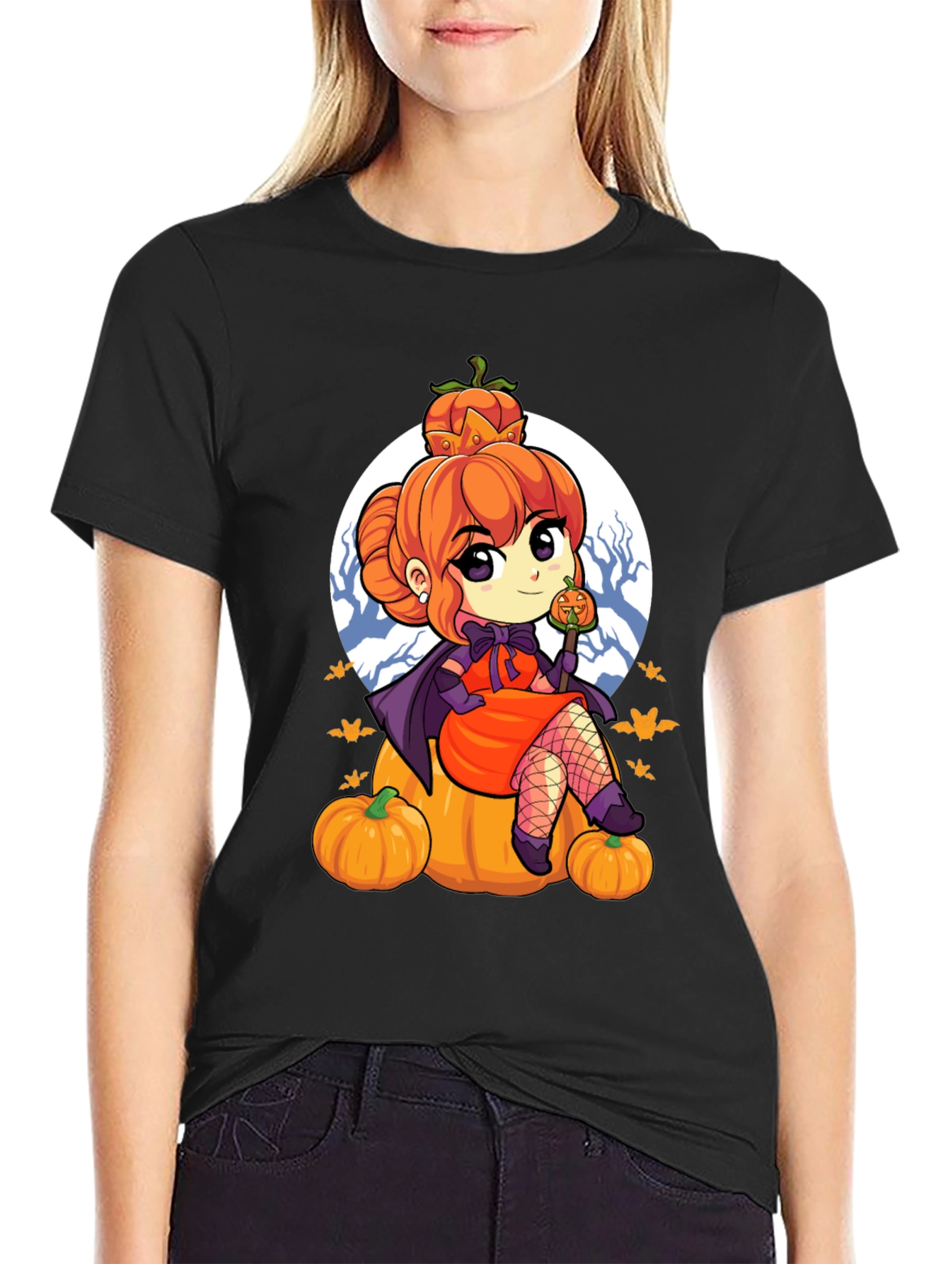 Black Halloween Anime Girl T-Shirt view 2