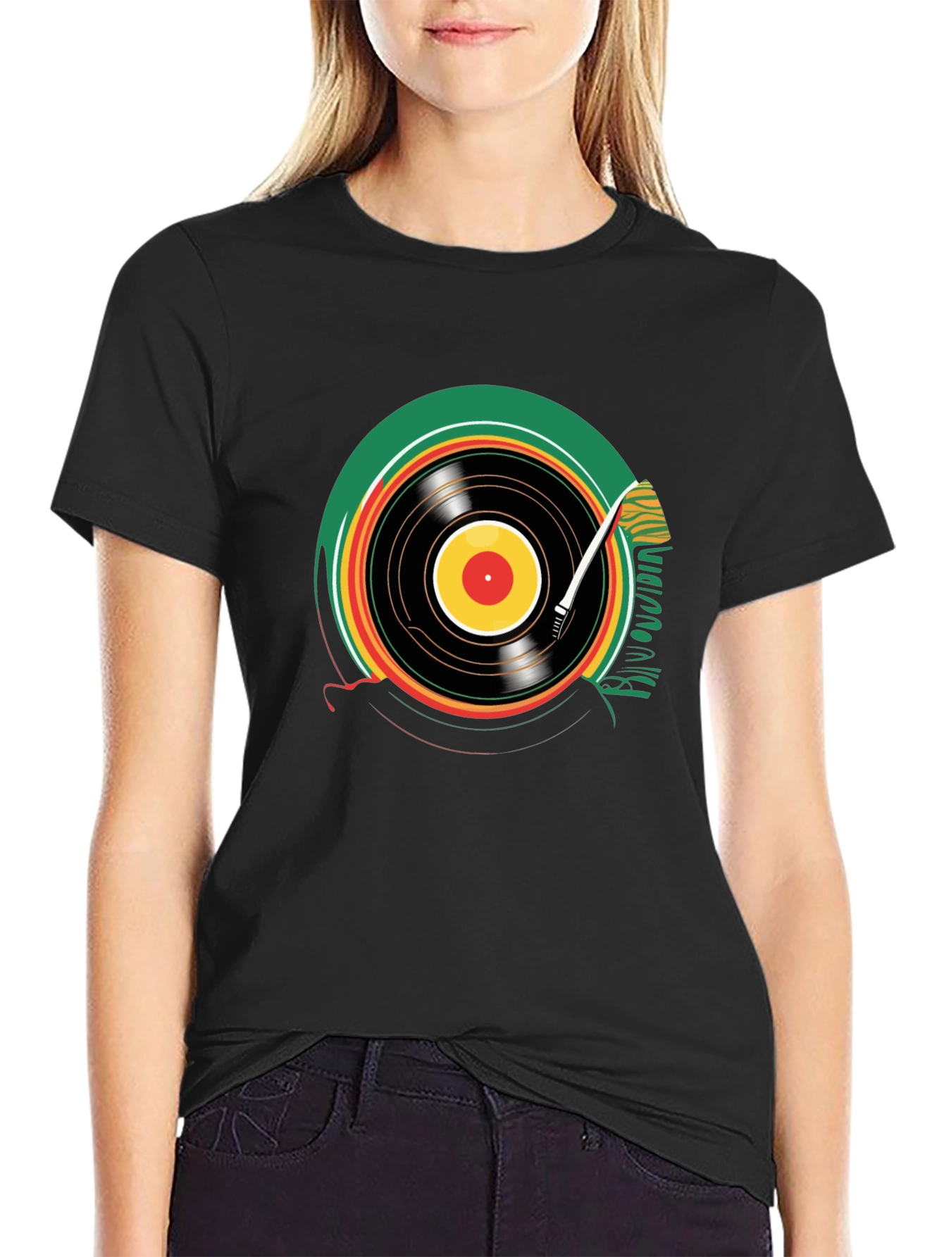 Black Vinyl Record Graphic T-Shirt - Black Crew Neck Tee view 2