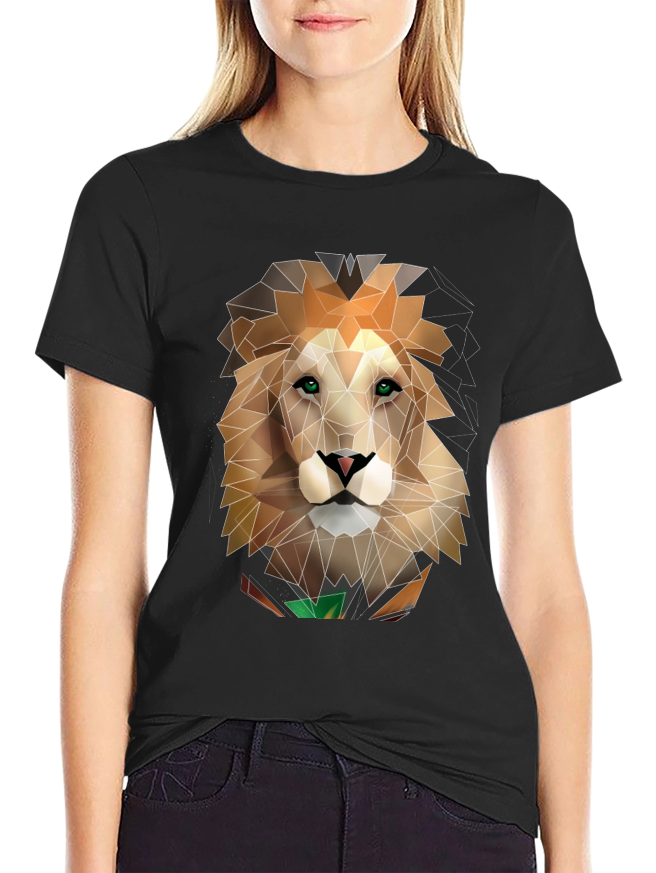 Black Geometric Lion Graphic Black T-Shirt view 2