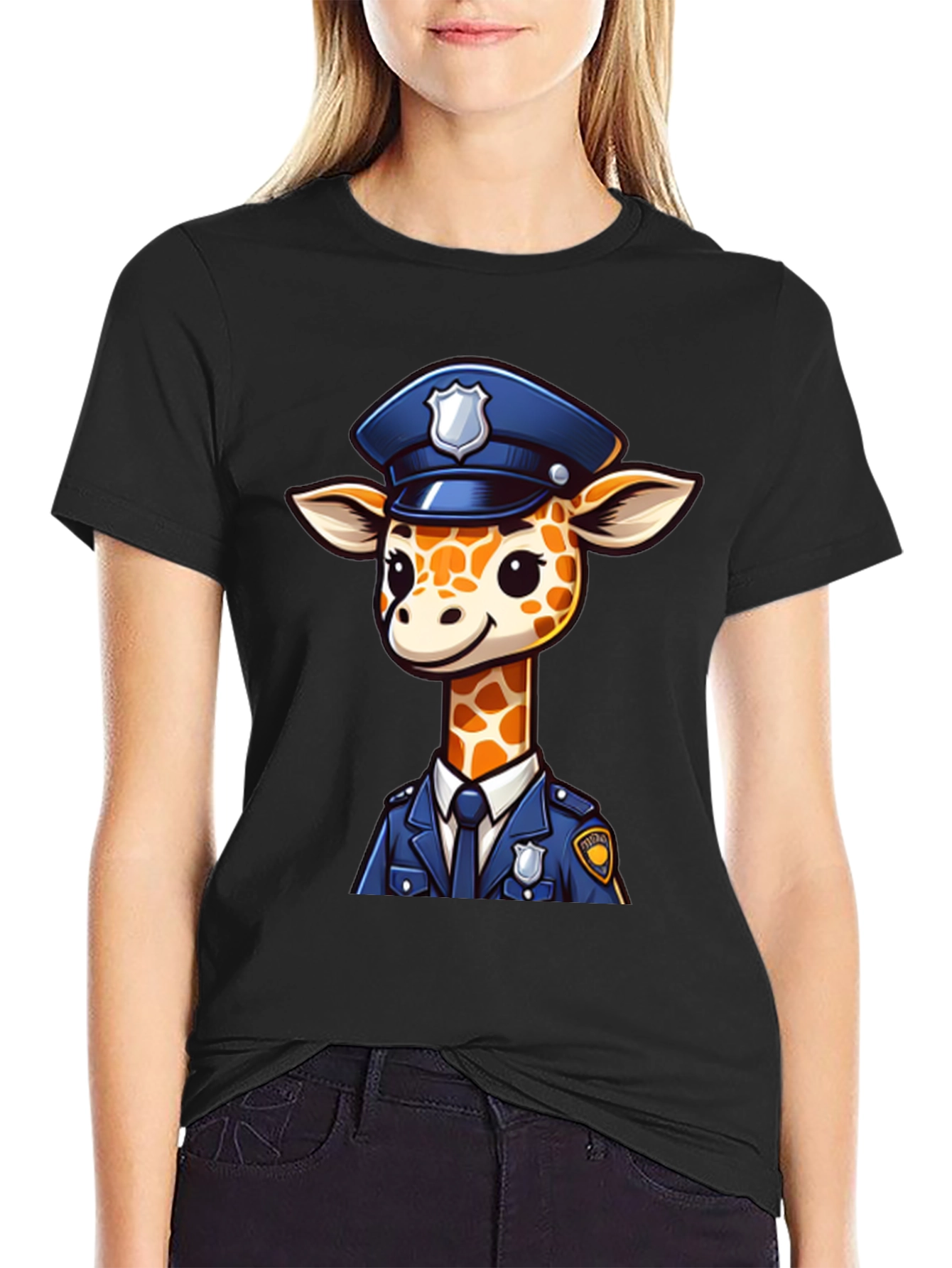 Black Giraffe Police Officer Black T-Shirt view 2