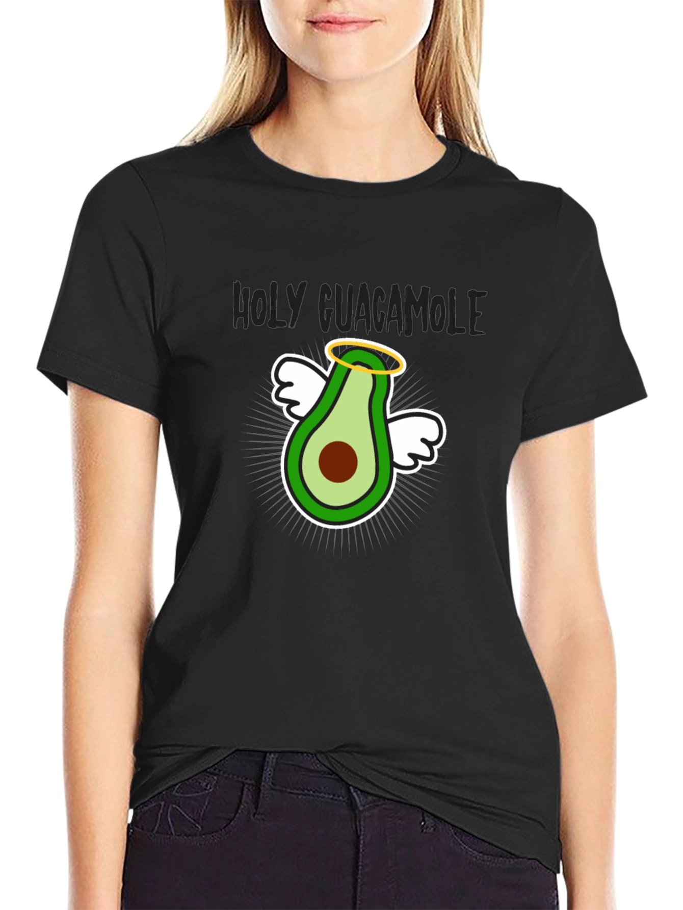 Black Holy Guacamole T-Shirt - Funny Avocado Angel Graphic Tee view 2