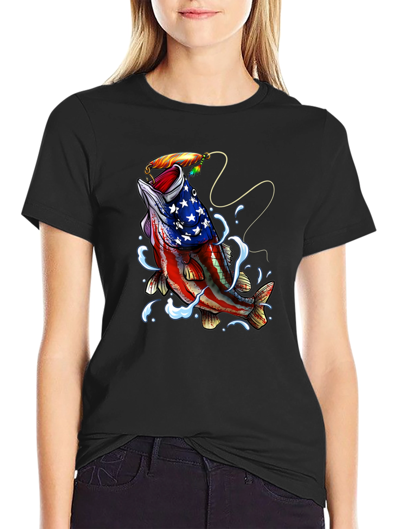 Black American Flag Bass Fishing Graphic T-Shirt view 2