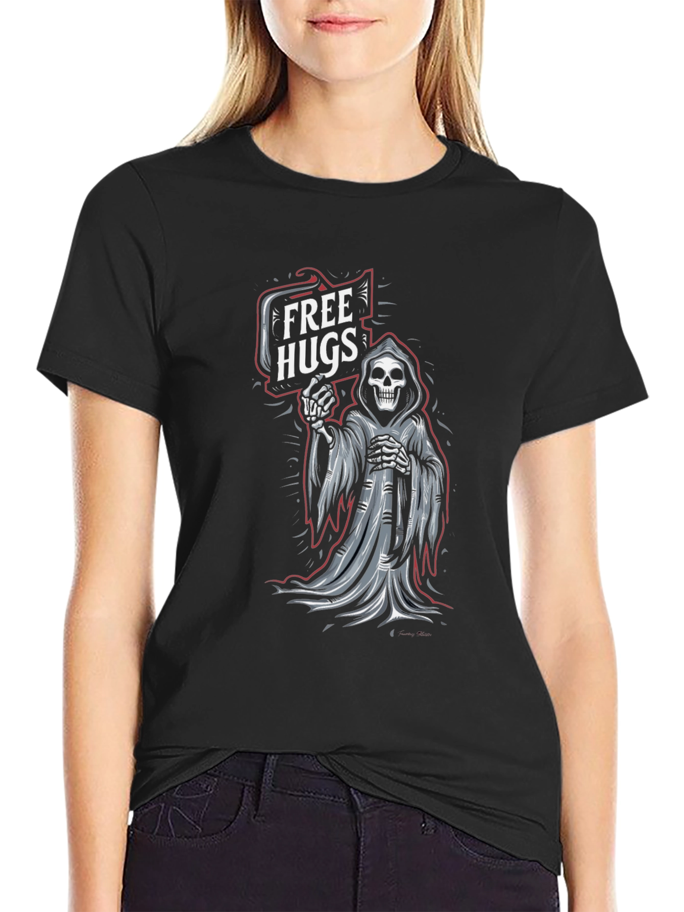 Black Free Hugs Grim Reaper Graphic T-Shirt - Black view 2