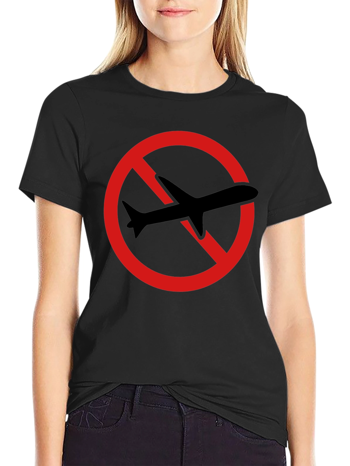 Black No Flying T-Shirt - Black Cotton Tee with Airplane Graphic view 2