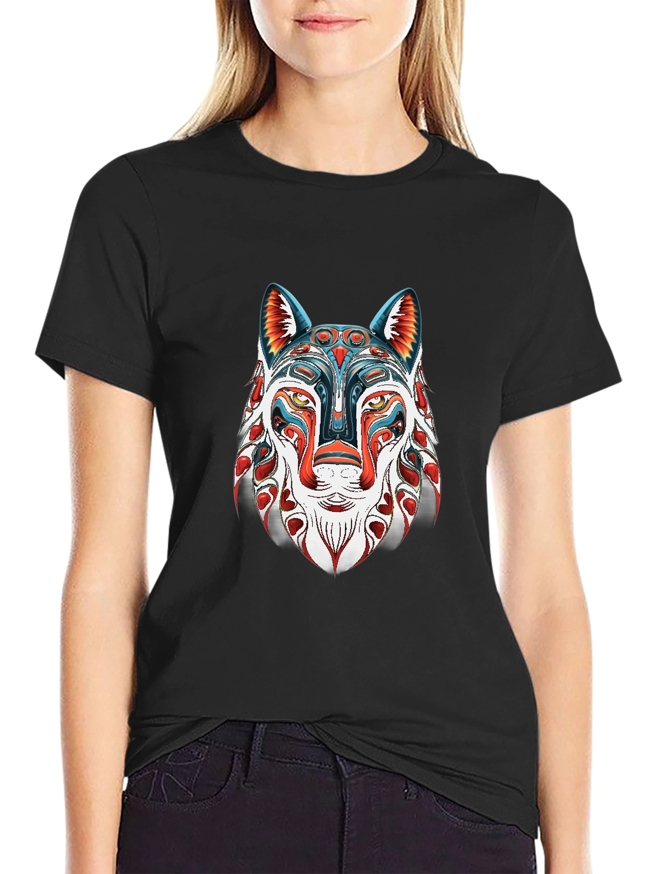 Black Abstract Wolf Graphic Black T-Shirt view 2