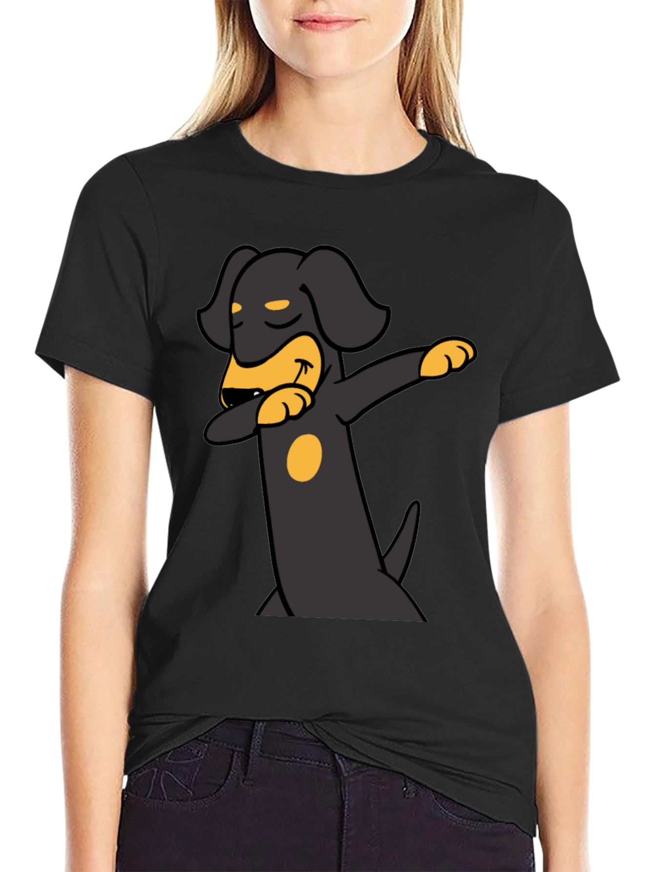 Black Dachshund Dabbing Graphic Tee - Black Cotton Blend view 2